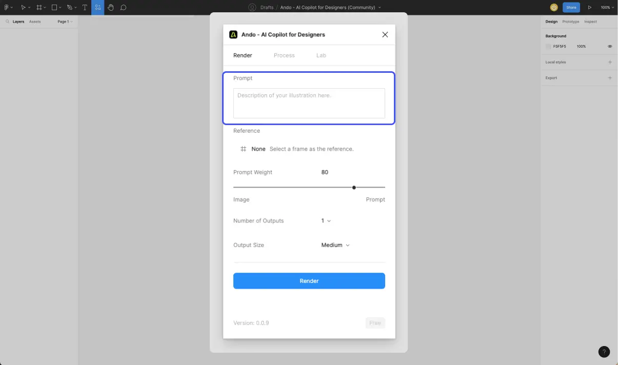 plugin ando depuis interface de design figma avec champ prompt entouré en bleu