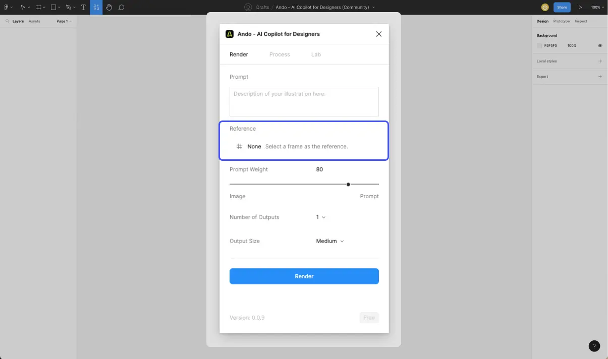 plugin ando depuis interface de design figma avec champs référence entouré en bleu