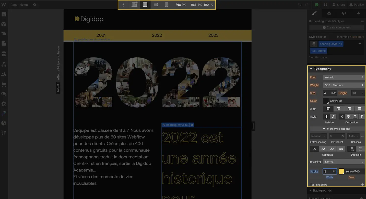 Interface Webflow qui montre comment ajouter une stroke et une couleur à un texte sur un responsive tablette.
