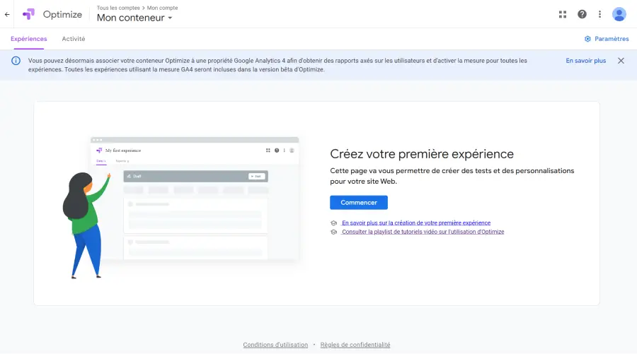 interface de création de compte google optimize