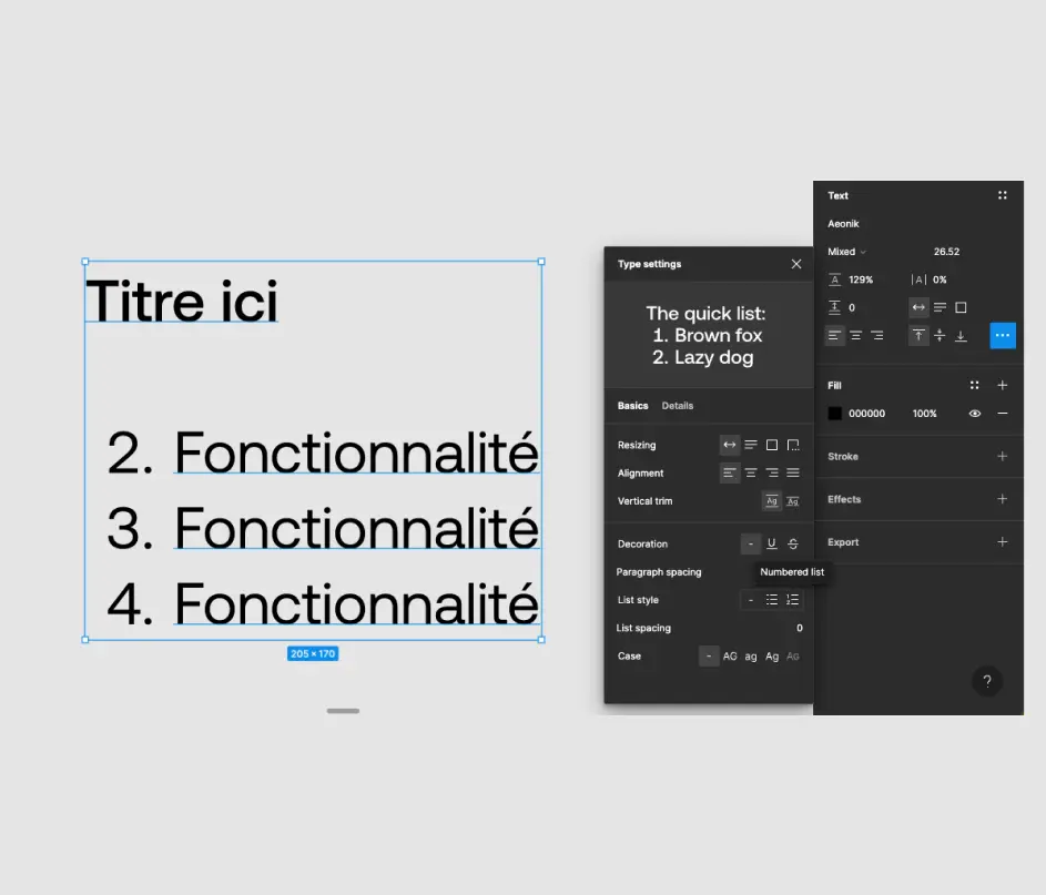 Paragraphe de texte sur figma avec fonctionnalité de liste de nombres