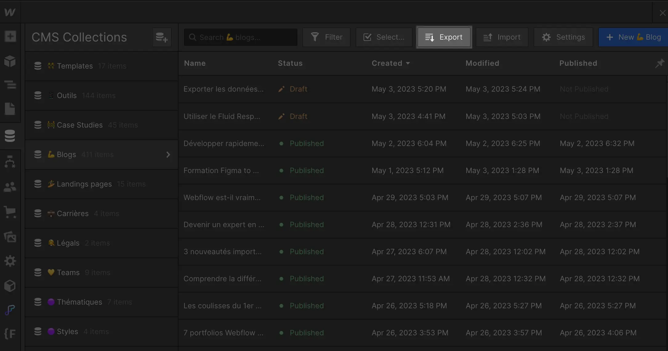 Bouton d'export de data depuis une collection CMS Webflow