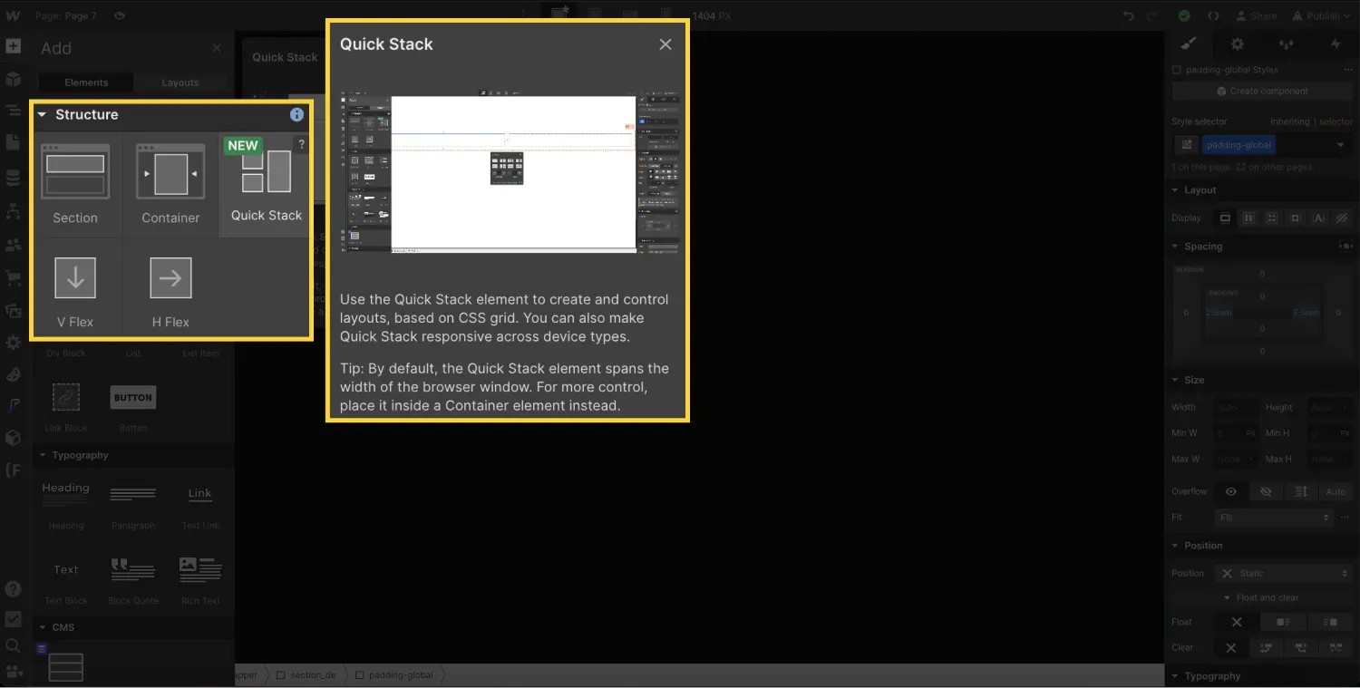 élément Quick Stack dans Webflow