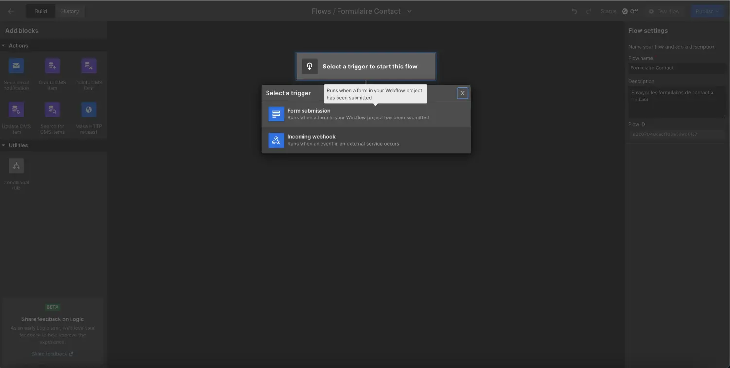 trigger d'un flow dans webflow "form submission"