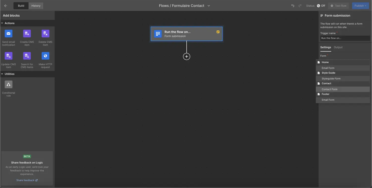 sélectionner formulaire trigger webflow logic flow