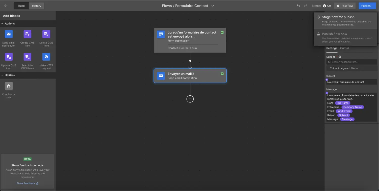 publier le flow pour créer l'automatisation du formulaire