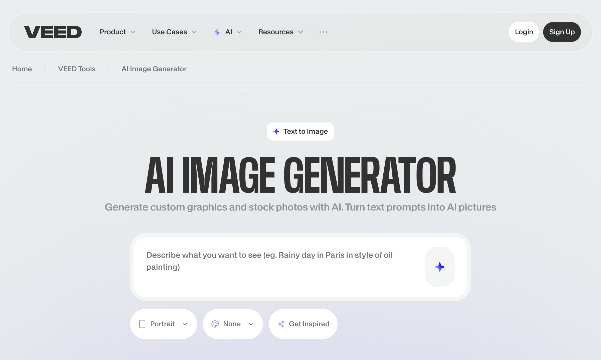 Screenshot of the VEED.io AI Image Generator interface. The page includes a text input field labeled ‘Describe what you want to see (eg. Rainy day in Paris in style of oil painting)’ with options below for image aspect ratio, style, and an inspiration button. The page header reads ‘AI IMAGE GENERATOR – Generate custom graphics and stock photos with AI. Turn text prompts into AI pictures.’ Navigation menu is visible at the top with links to Product, Use Cases, AI, Resources, Login, and Sign Up.