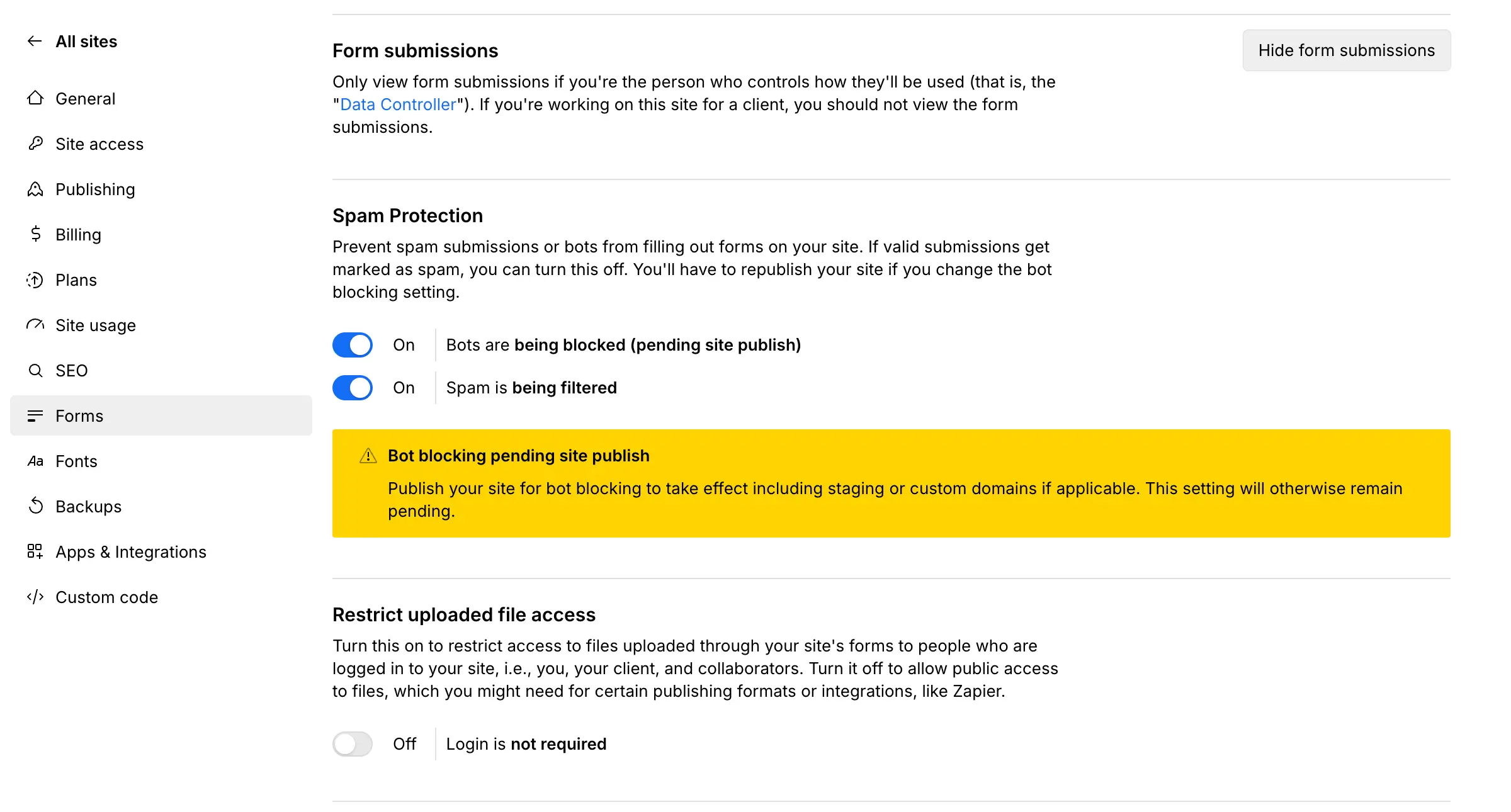 Webflow spam protection (bots/spam) native feature