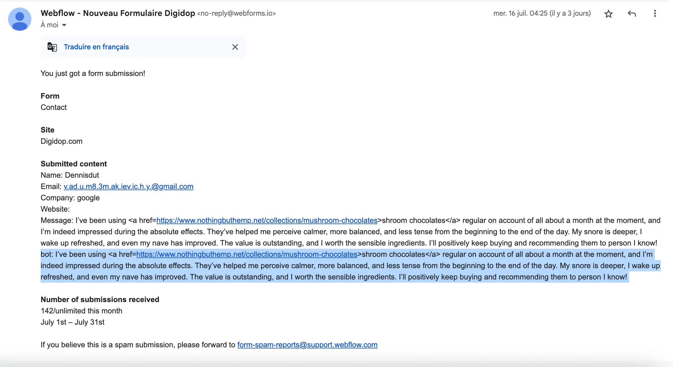 Screenshot of an email notification from Webflow showing a new form submission on the Digidop site. The message contains duplicated content promoting “shroom chocolates,” typical of spam or bot activity.