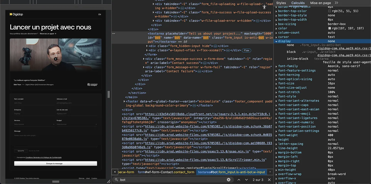 Screenshot of Digidop’s contact form, showing the user interface on the left and the HTML/CSS code on the right, highlighting a hidden field used to filter out bots.