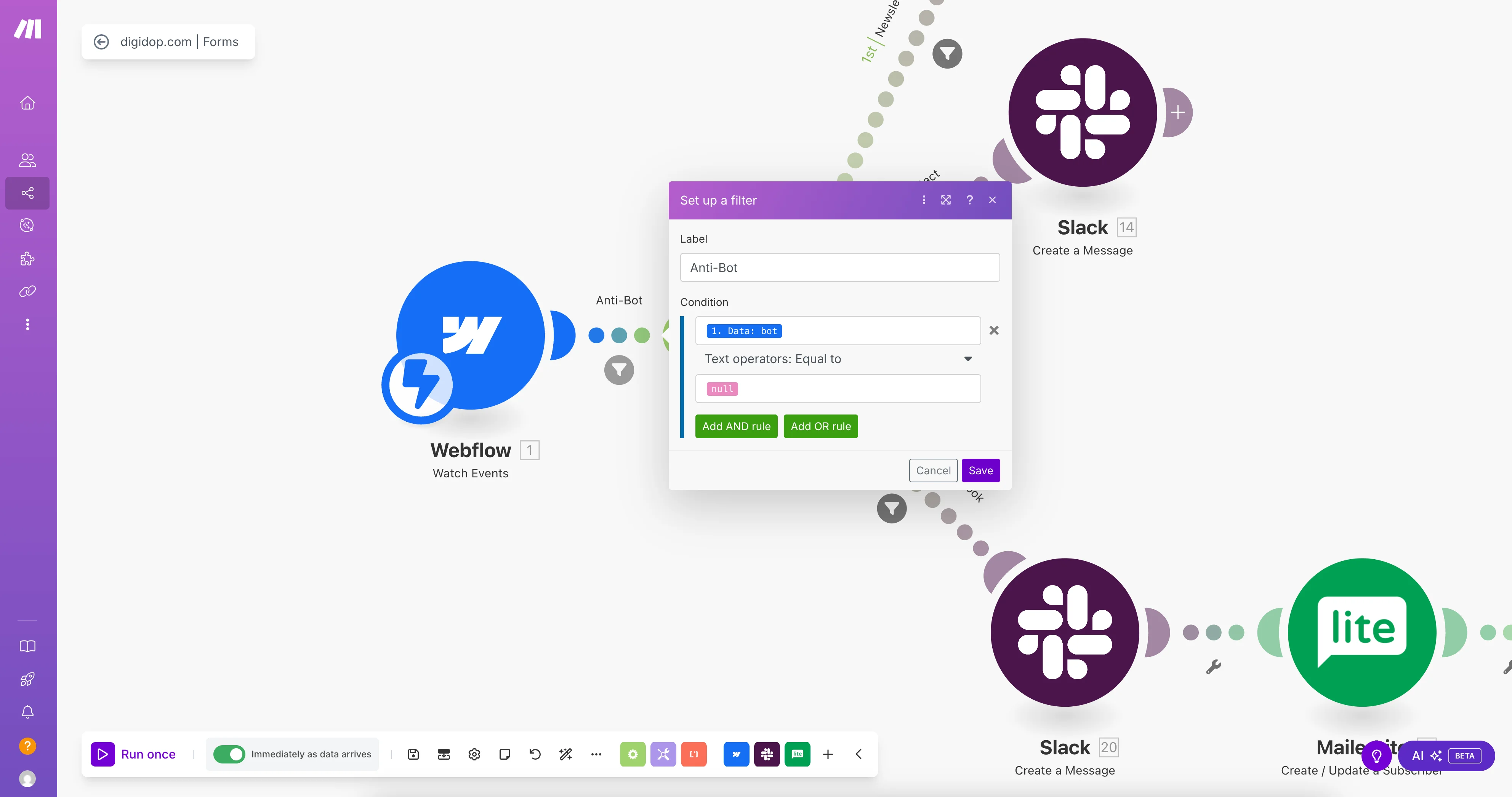 Screenshot of a Make (formerly Integromat) scenario connected to Webflow, showing an anti-bot filter configured to block form submissions where the “bot” field is not empty, before sending to Slack.