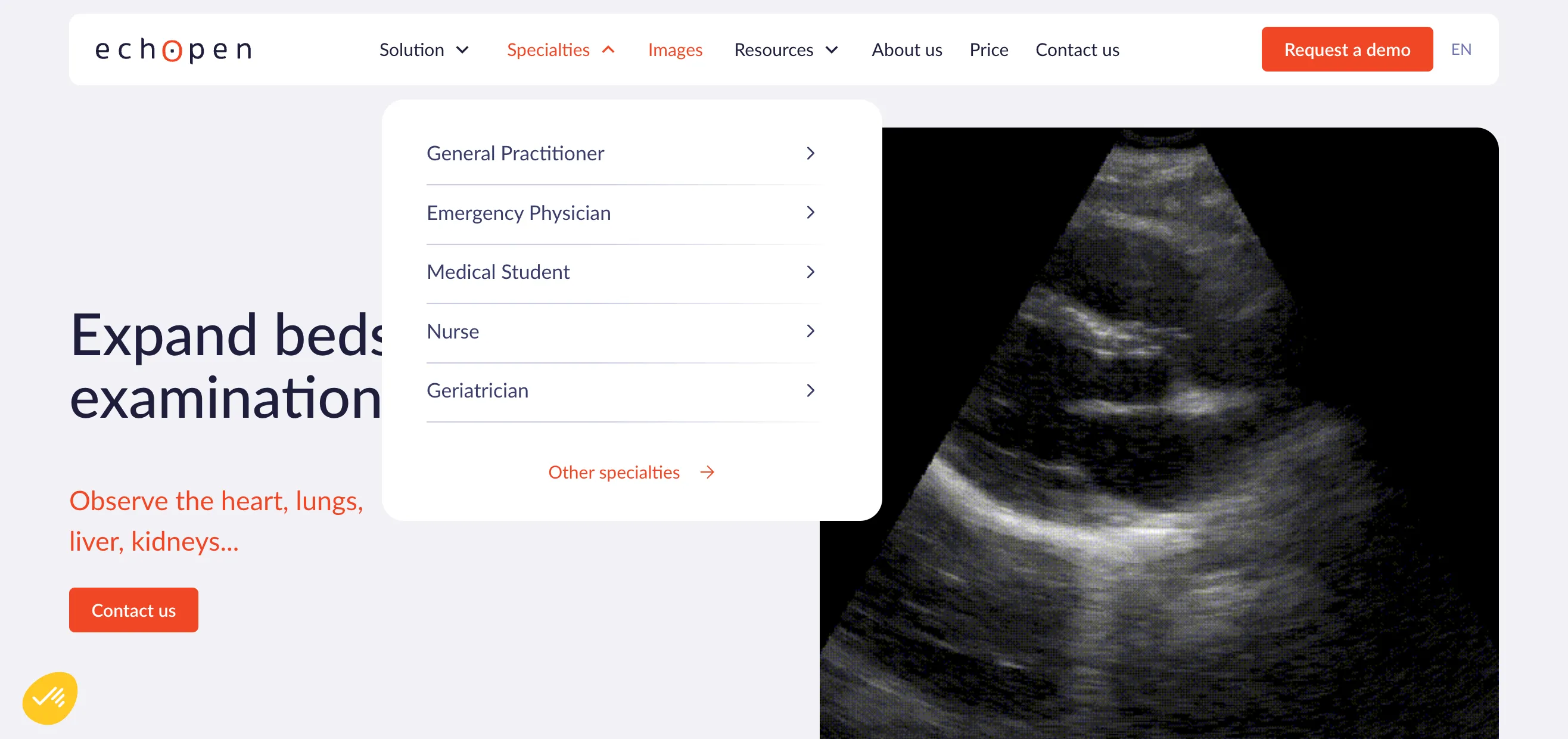 Dropdown menu of medical specialties targeted by echOpen, including general practitioners, emergency physicians, nurses, and medical students.