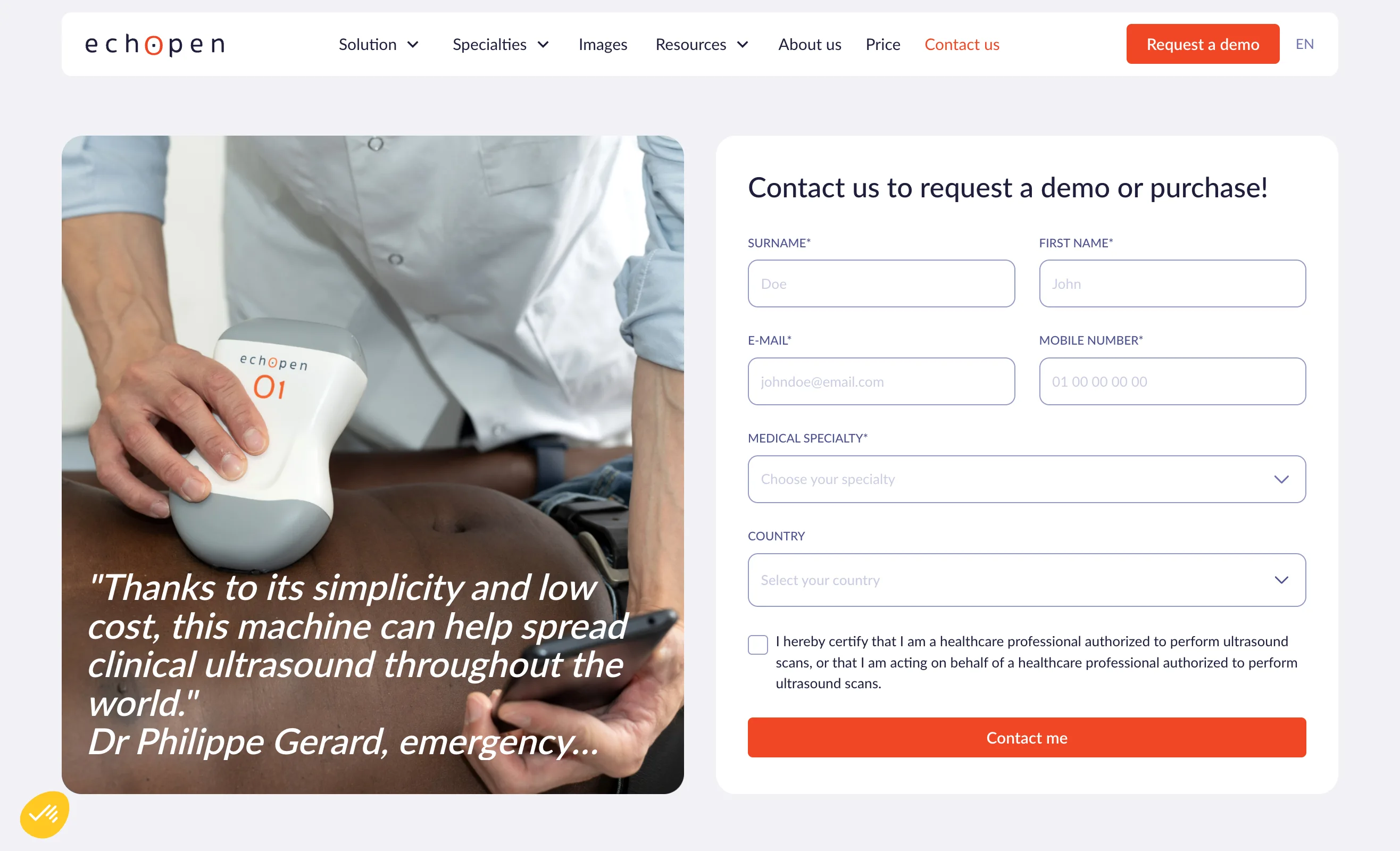 Demonstration of the echOpen ultrasound probe on a patient, alongside a contact form and a quote from Dr. Philippe Gérard.