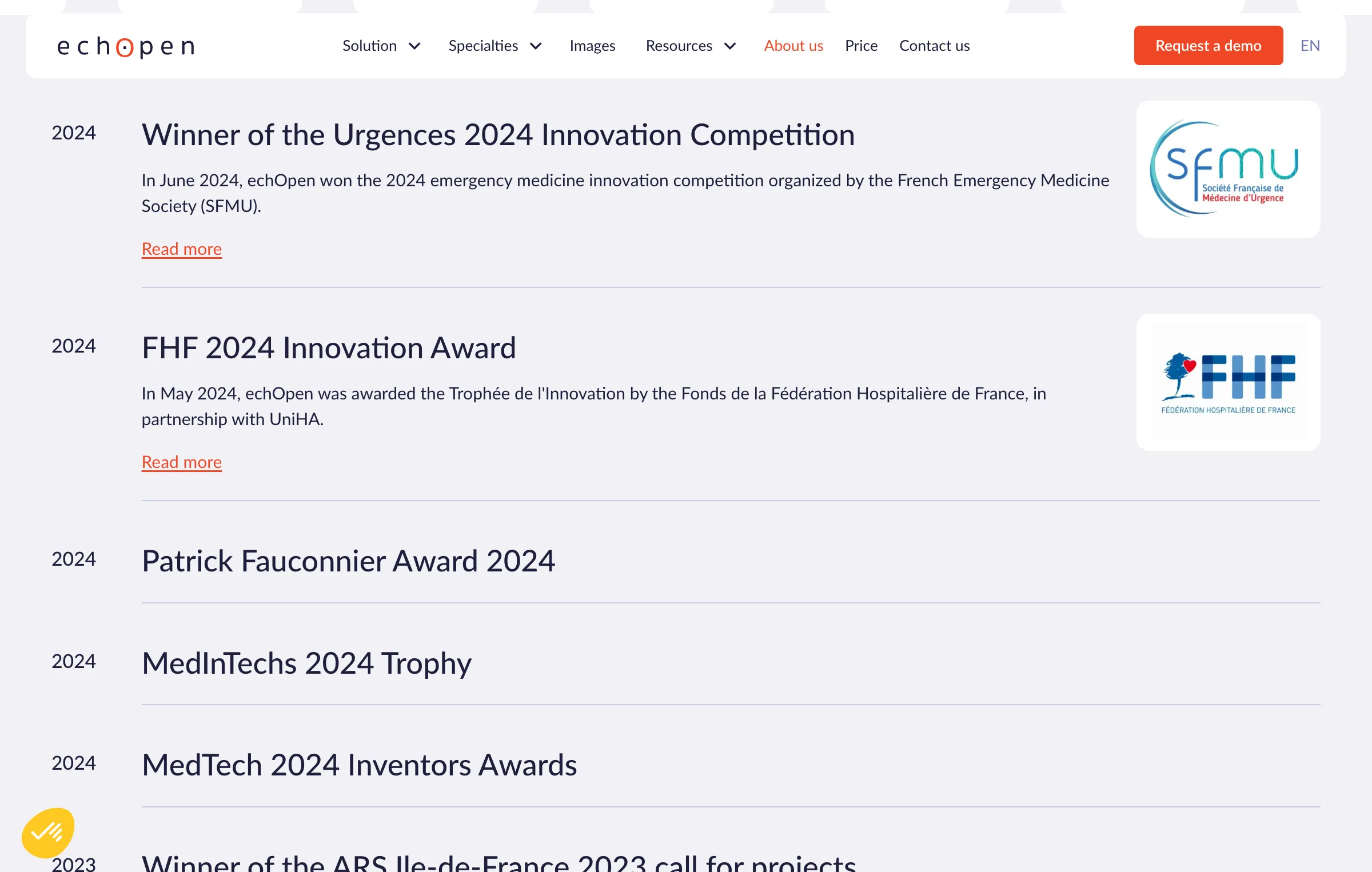 List of awards won by echOpen in 2024 in the medical field, including the SFMU, FHF, and MedInTechs prizes.