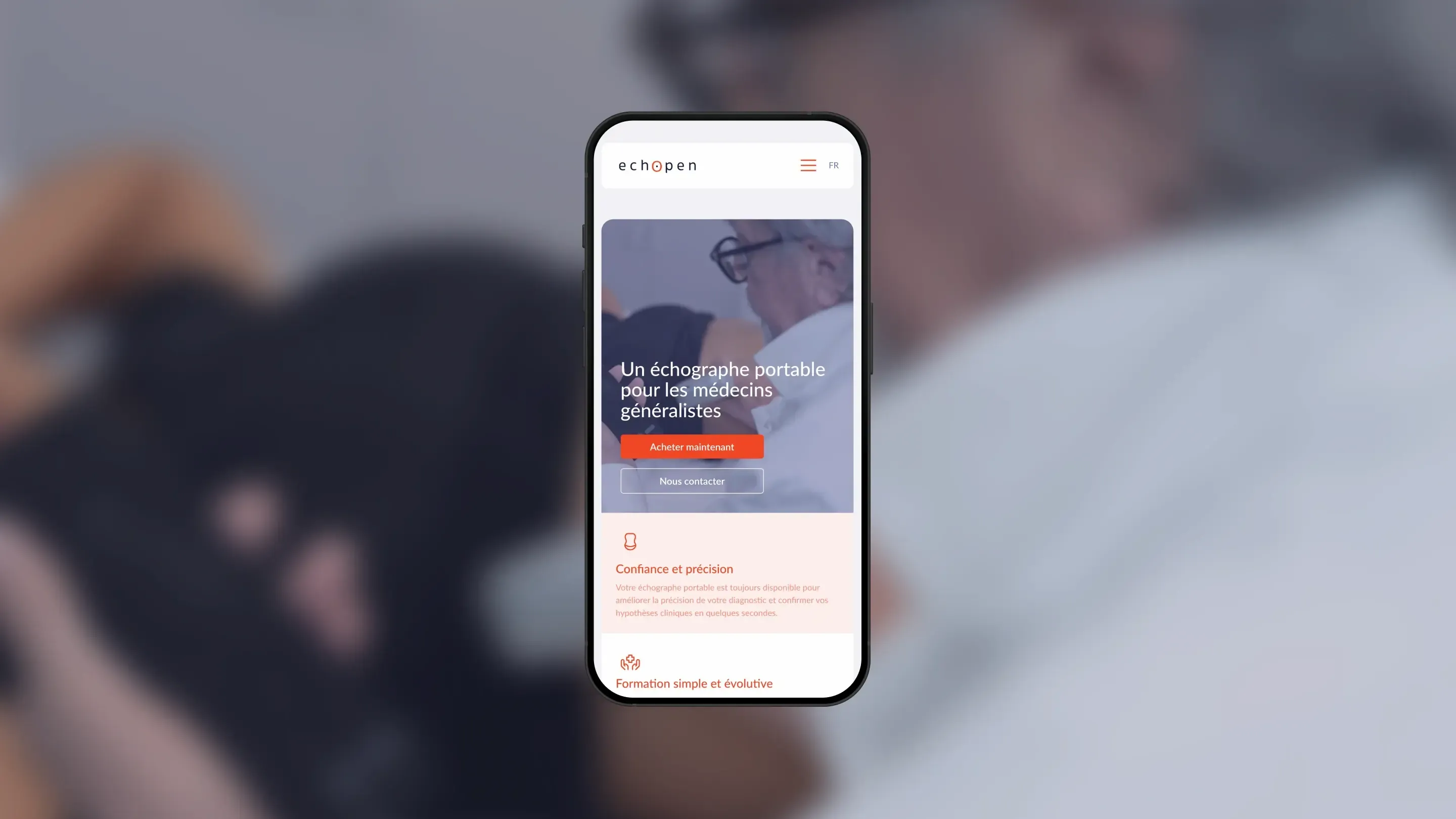 Smartphone mockup displaying the mobile version of the echOpen website, highlighting a portable ultrasound device for general practitioners, with a red “Buy now” button.