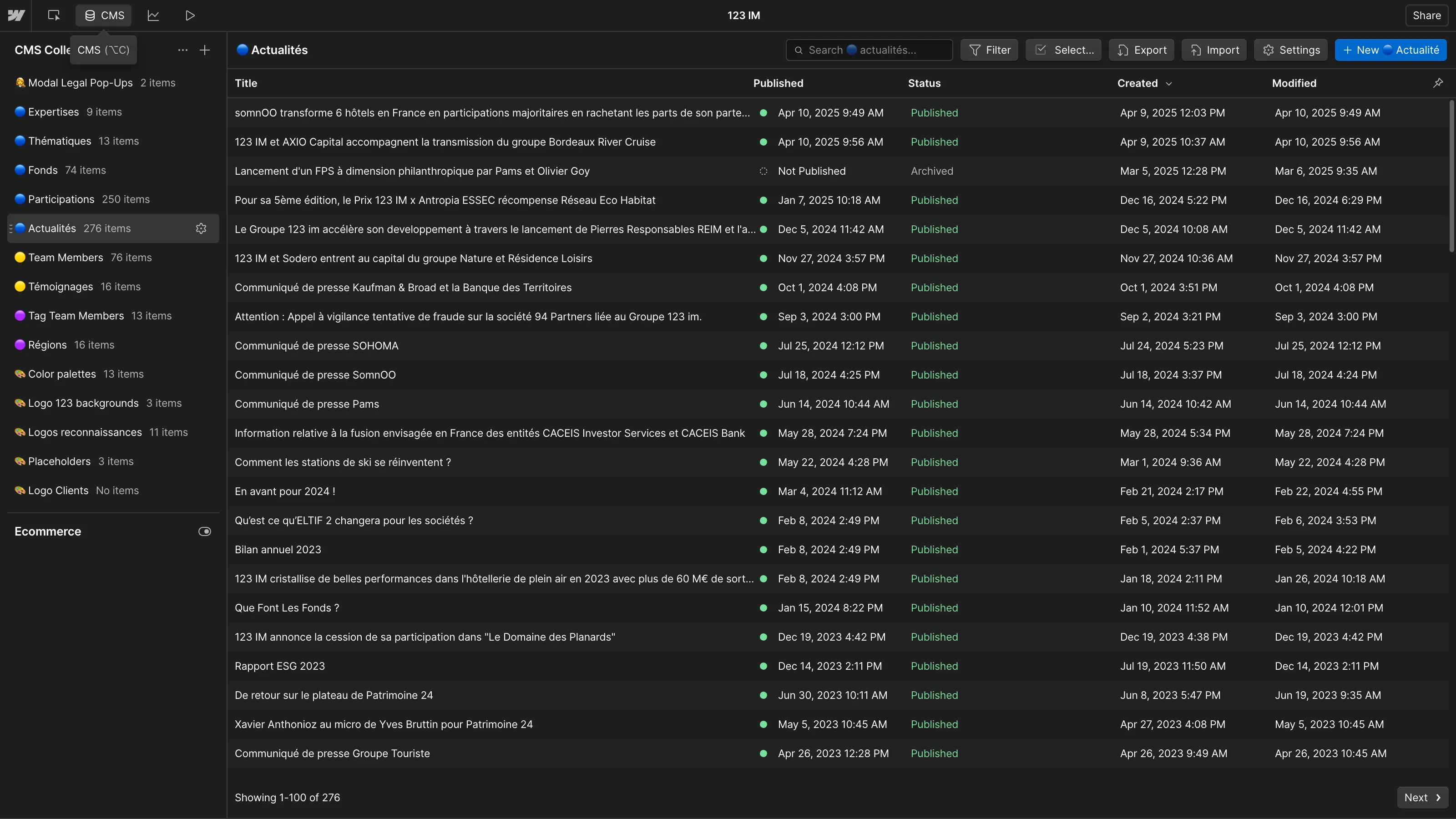 Capture d’écran du CMS Webflow du site 123 IM, affichant la collection “Actualités” avec 276 entrées. On y voit les titres, statuts de publication (publiée, archivée, non publiée), ainsi que les dates de création et de modification des contenus.