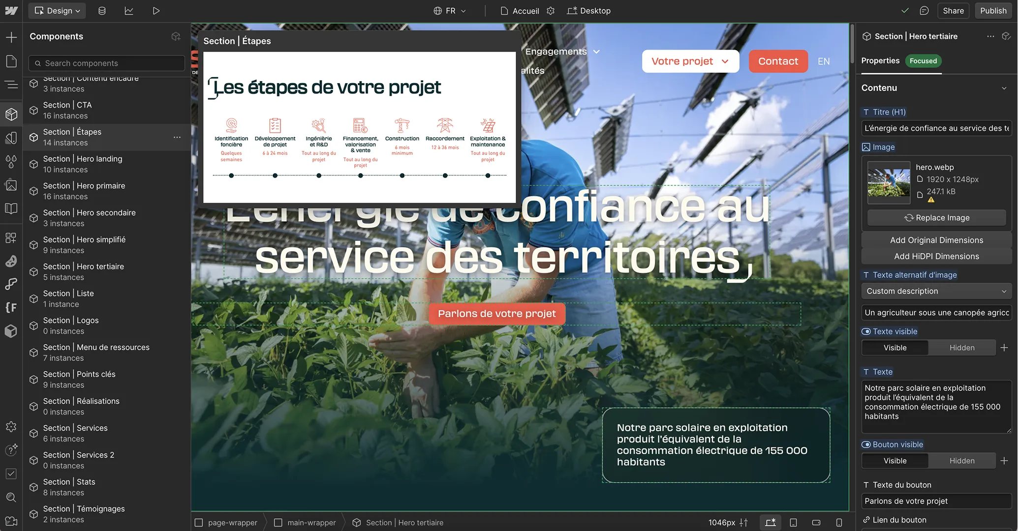 Screenshot of the Webflow interface displaying the TSE site’s component library, with a preview of the “Project steps” component and a background image of a farmer under solar panels.