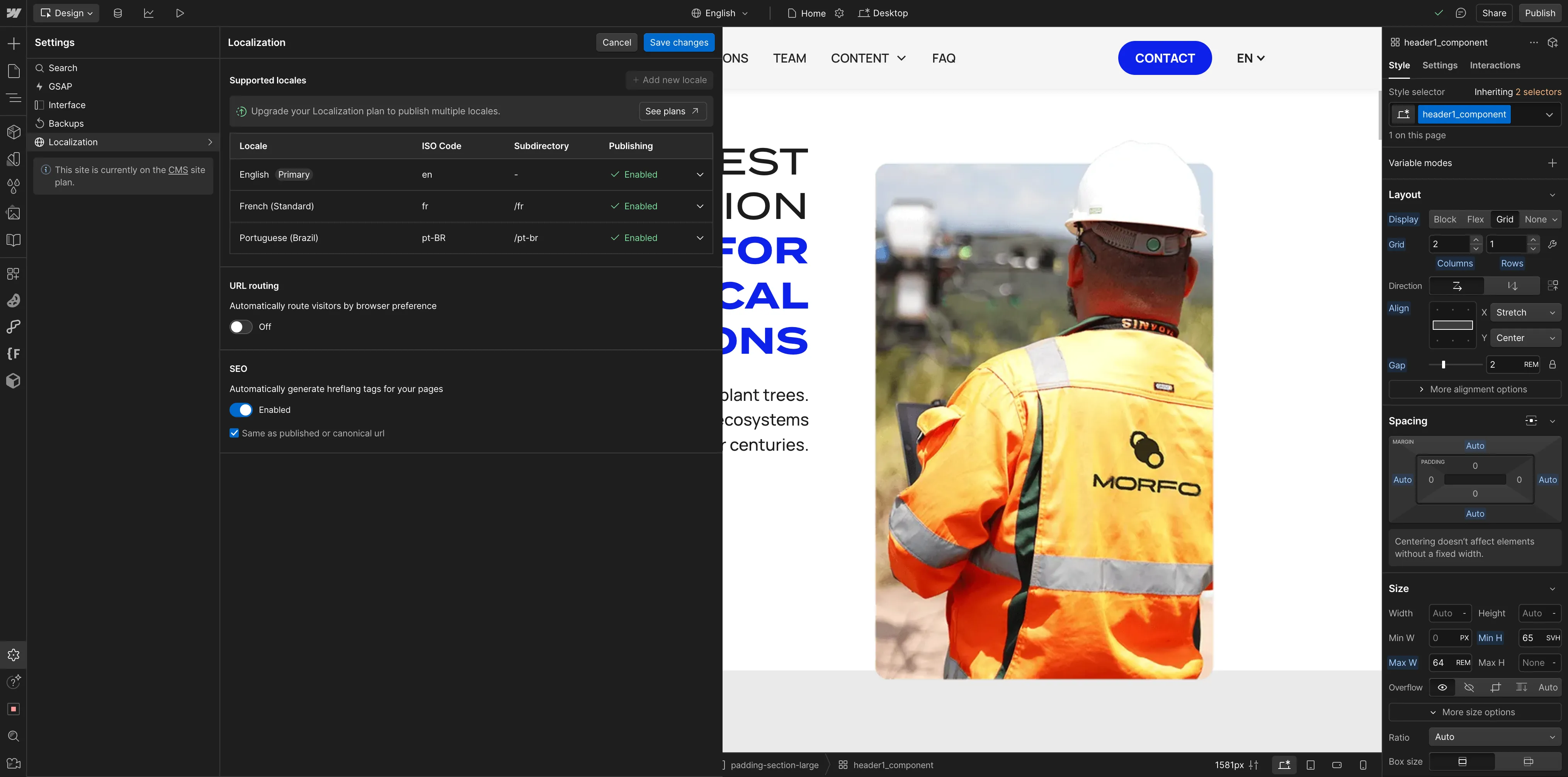 Interface Webflow montrant la configuration multilingue du site Morfo avec les langues anglais, français et portugais.