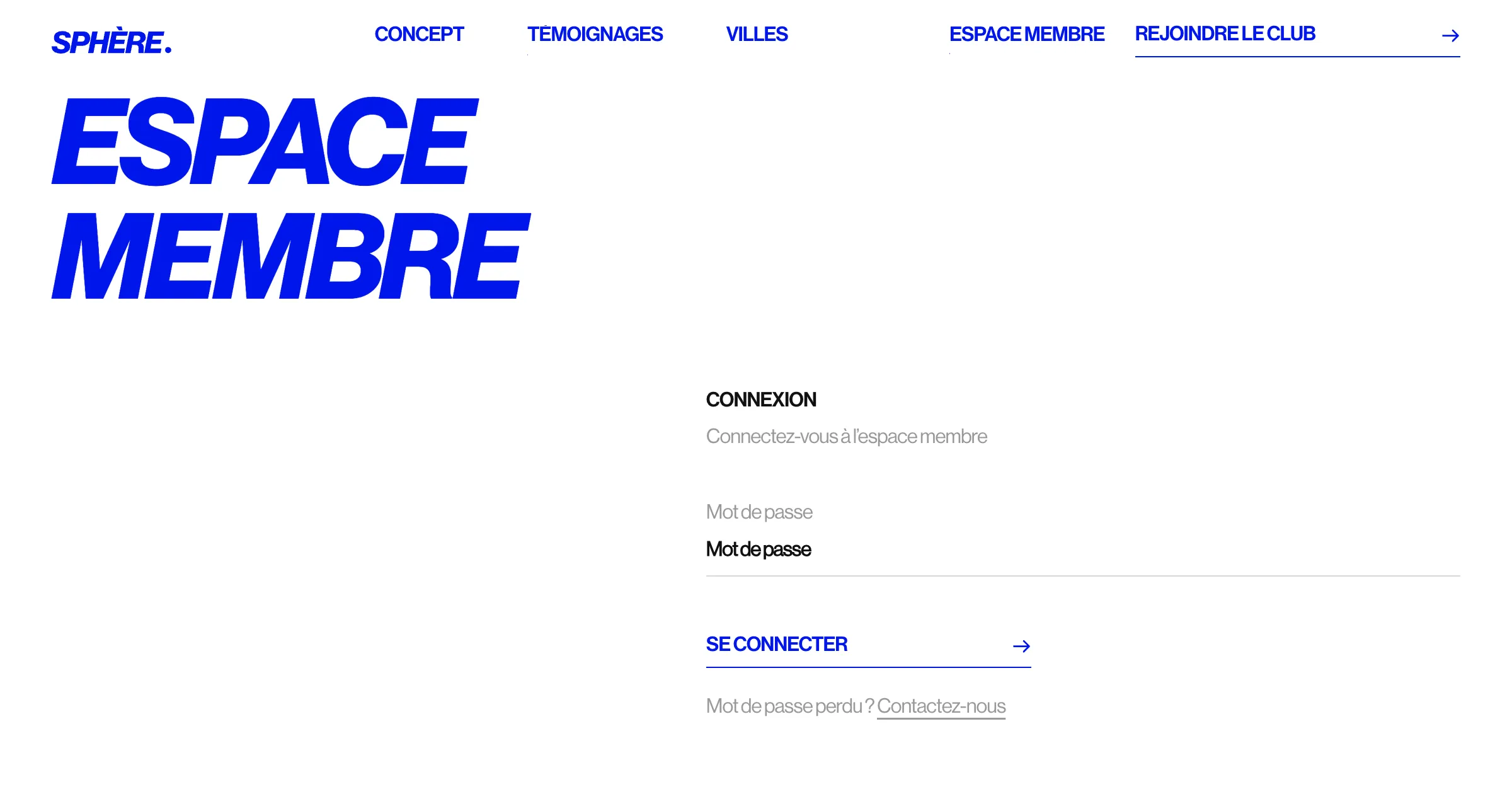 Login interface for the Sphère member area, with password fields and a login button.