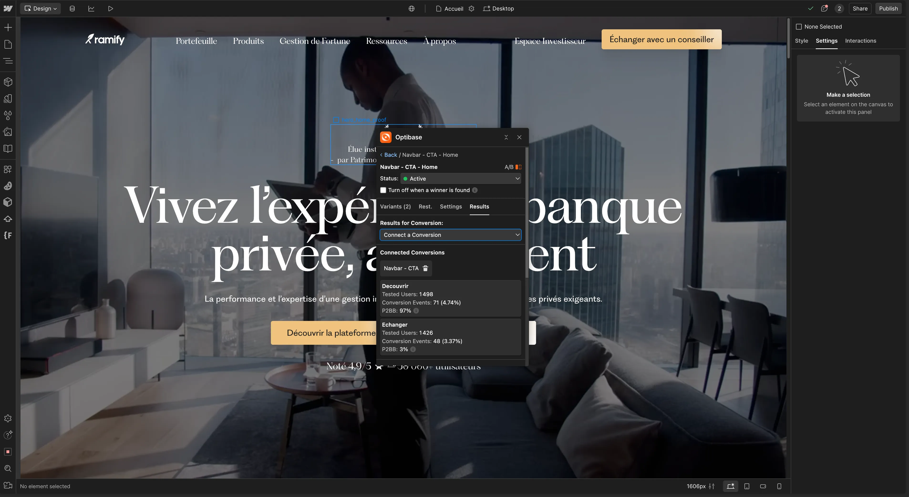 Screenshot of the Webflow editor showing the “Life Insurance” product page from Ramify’s website, featuring a clear headline, a return simulator button, and visual performance data (total amount and earnings displayed).