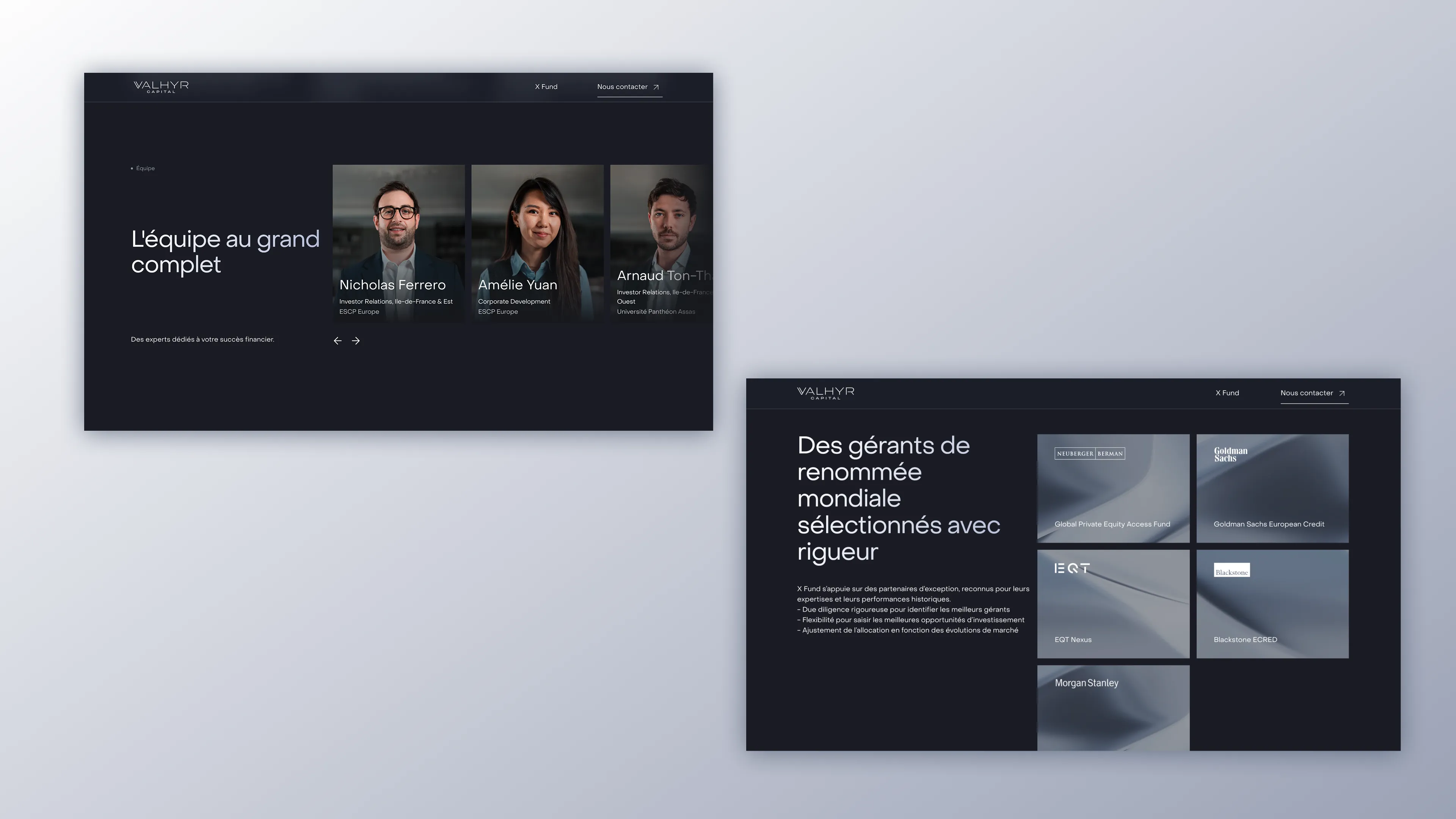 Mockup showing two screens from the Valhyr Capital website: on the left, the leadership team with portraits and job titles; on the right, a selection of globally recognized financial partners such as Goldman Sachs, EQT, and Morgan Stanley.