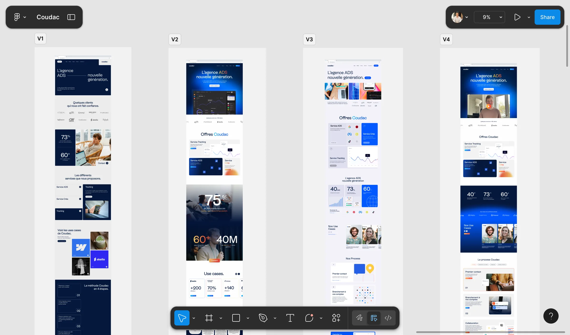 Showcase of four homepage versions for Coudac in Figma, exploring various creative directions with a blue identity, key stats, and client use cases highlighted.