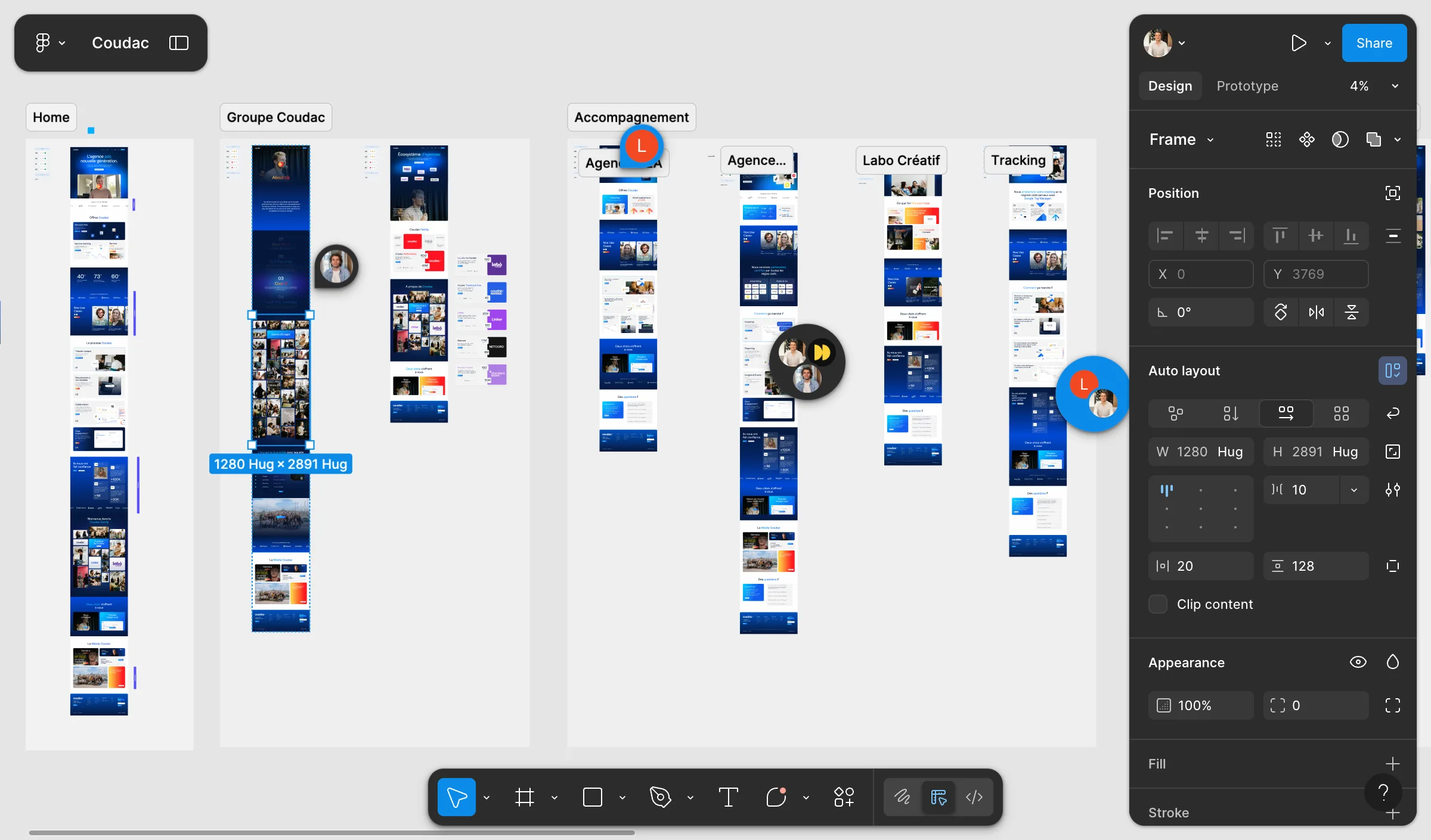 Screenshot of the Figma workspace showing the Coudac website project, including sections like “Home,” “Groupe,” “Support,” and “Tracking,” with multiple users collaborating live.