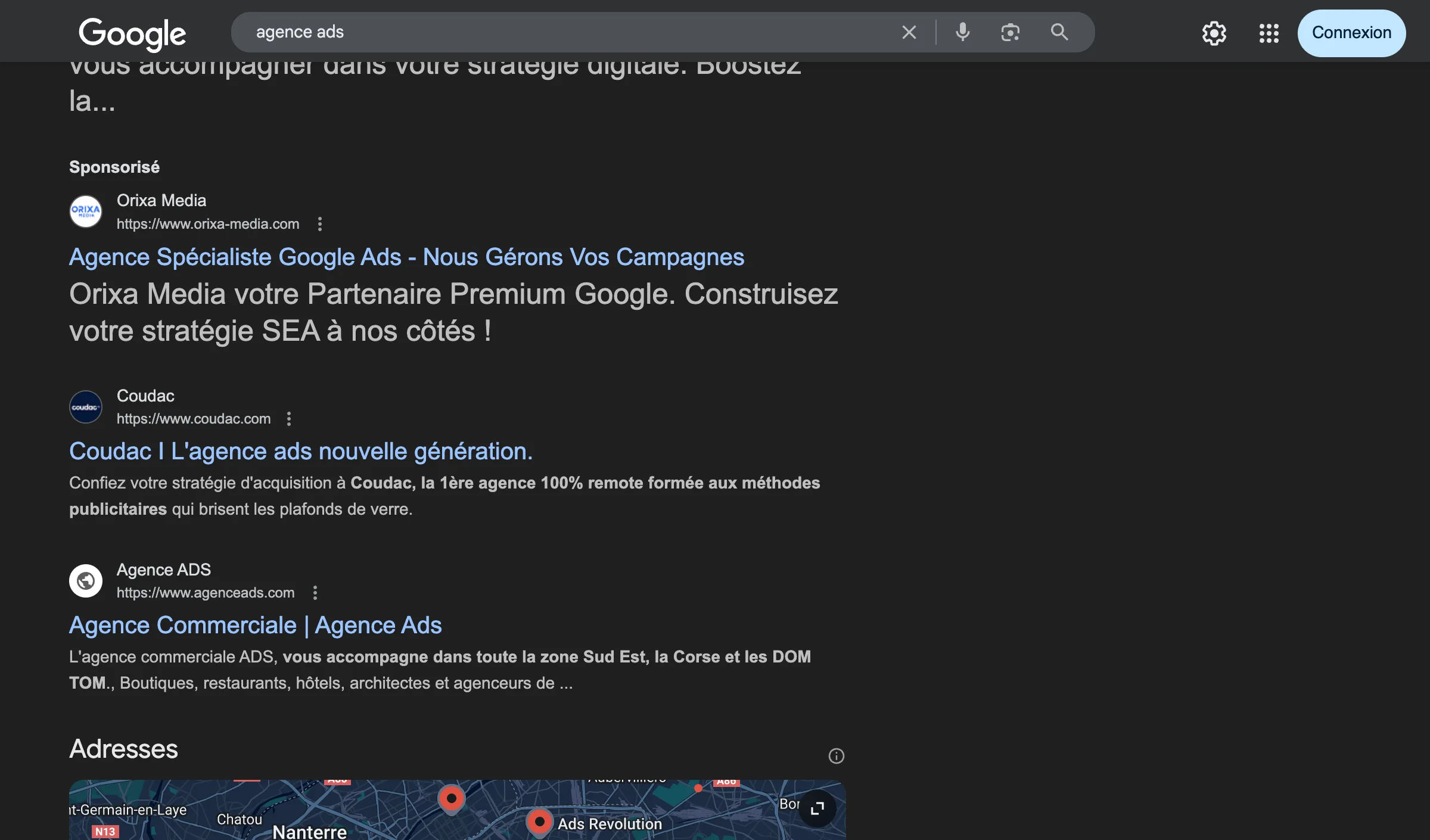 Screenshot of a Google search for “agence ads,” showing Coudac ranking second in organic results with the tagline “The next-generation ads agency.”