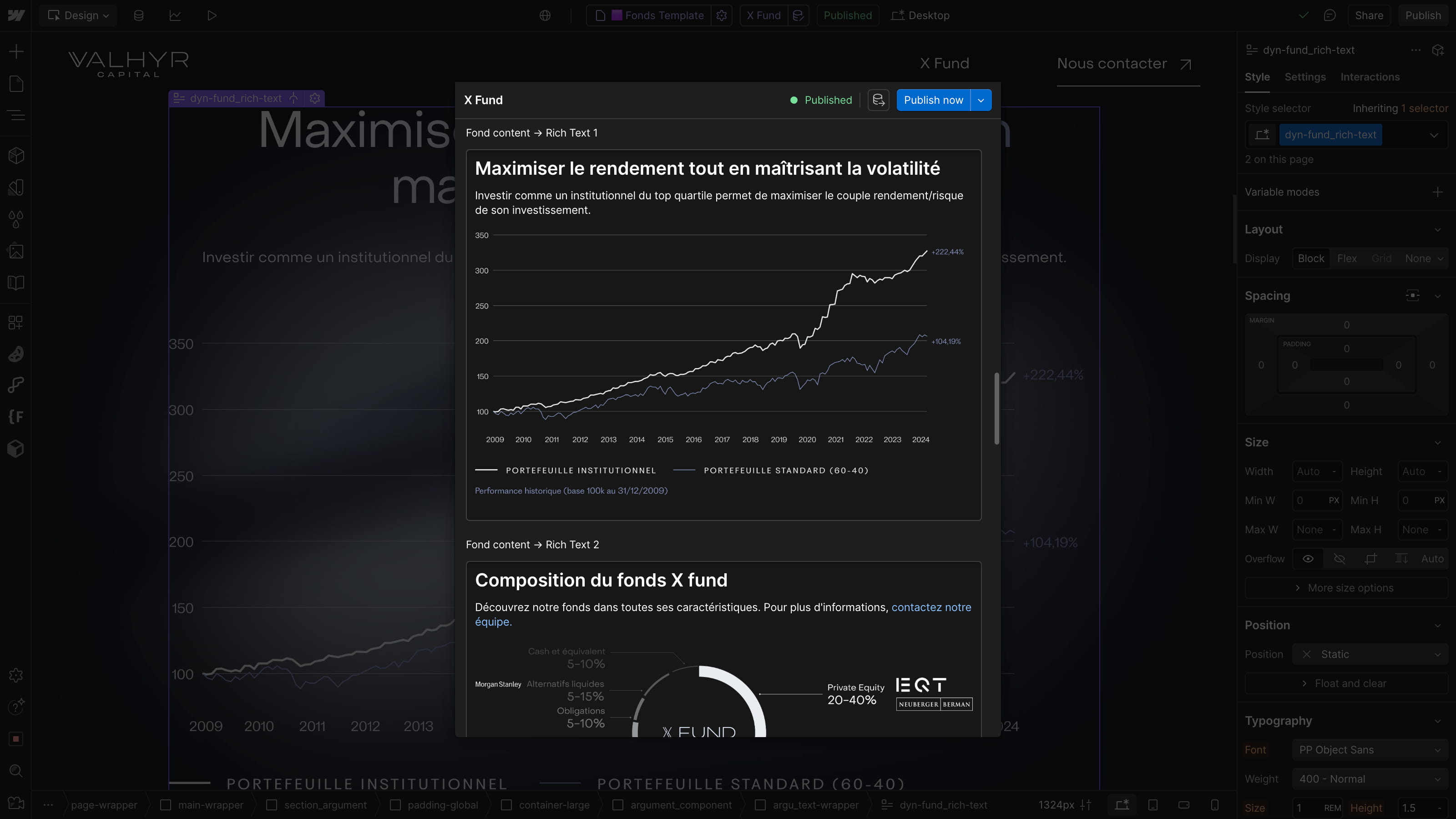 Screenshot of Valhyr Capital’s Webflow CMS, displaying dynamic content editing for the X Fund page, featuring a performance comparison chart (institutional vs. standard portfolio) and a fund allocation breakdown.