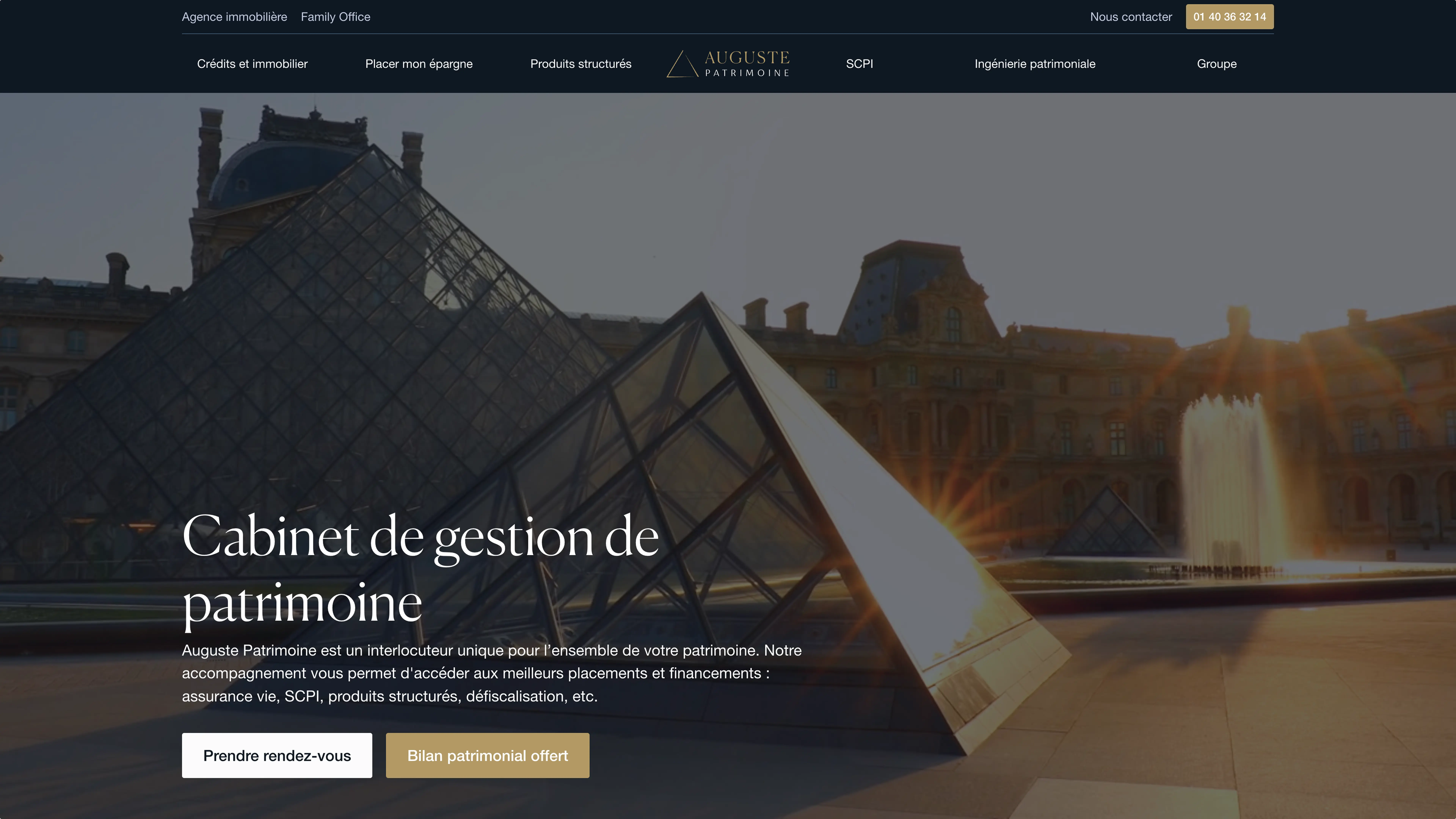 Homepage of Auguste Patrimoine’s website, a wealth management firm, with a clean and elegant look.