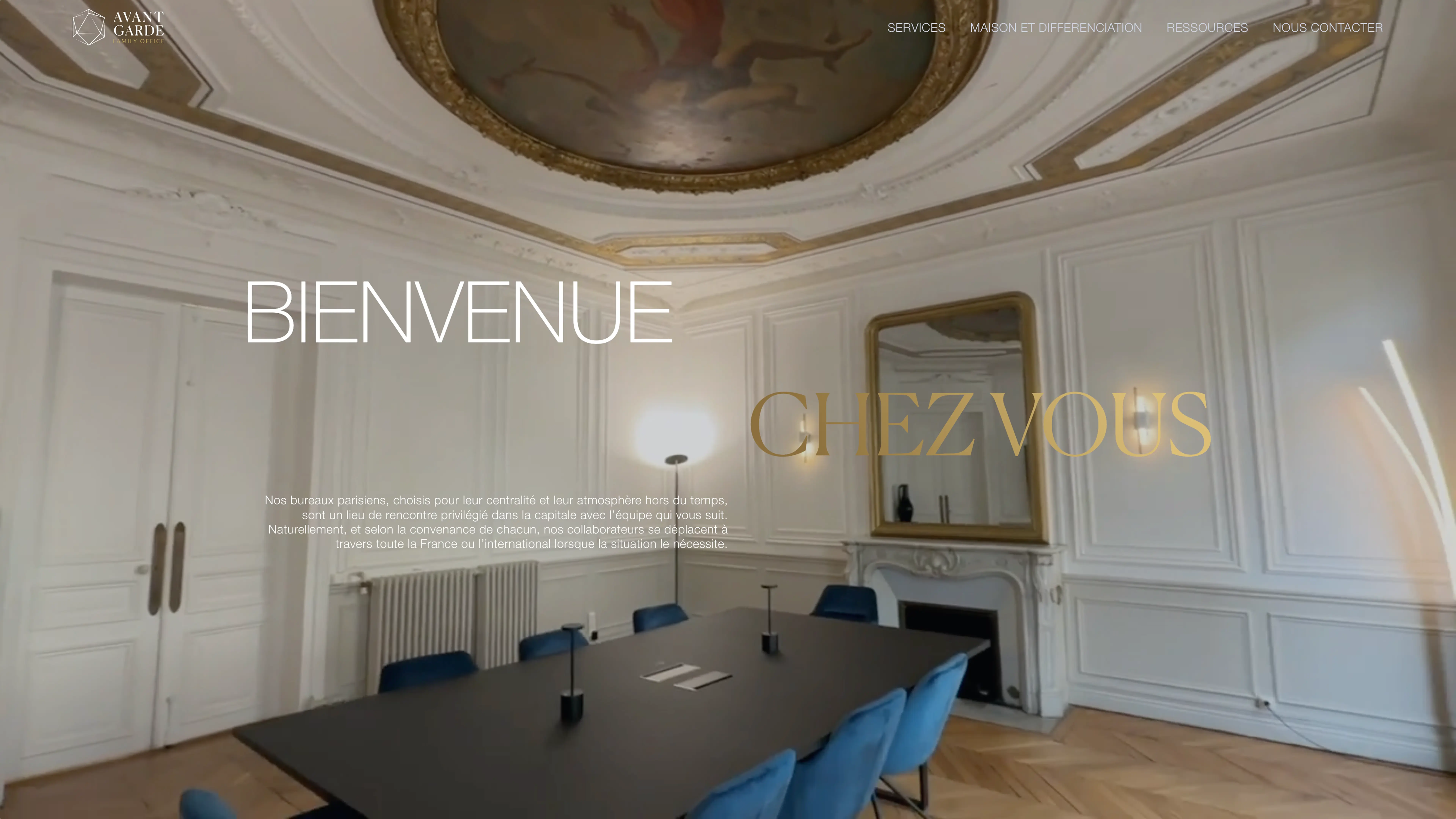 Capture du site Avant-Garde Family Office, mettant en avant un positionnement haut de gamme et des services sur mesure.