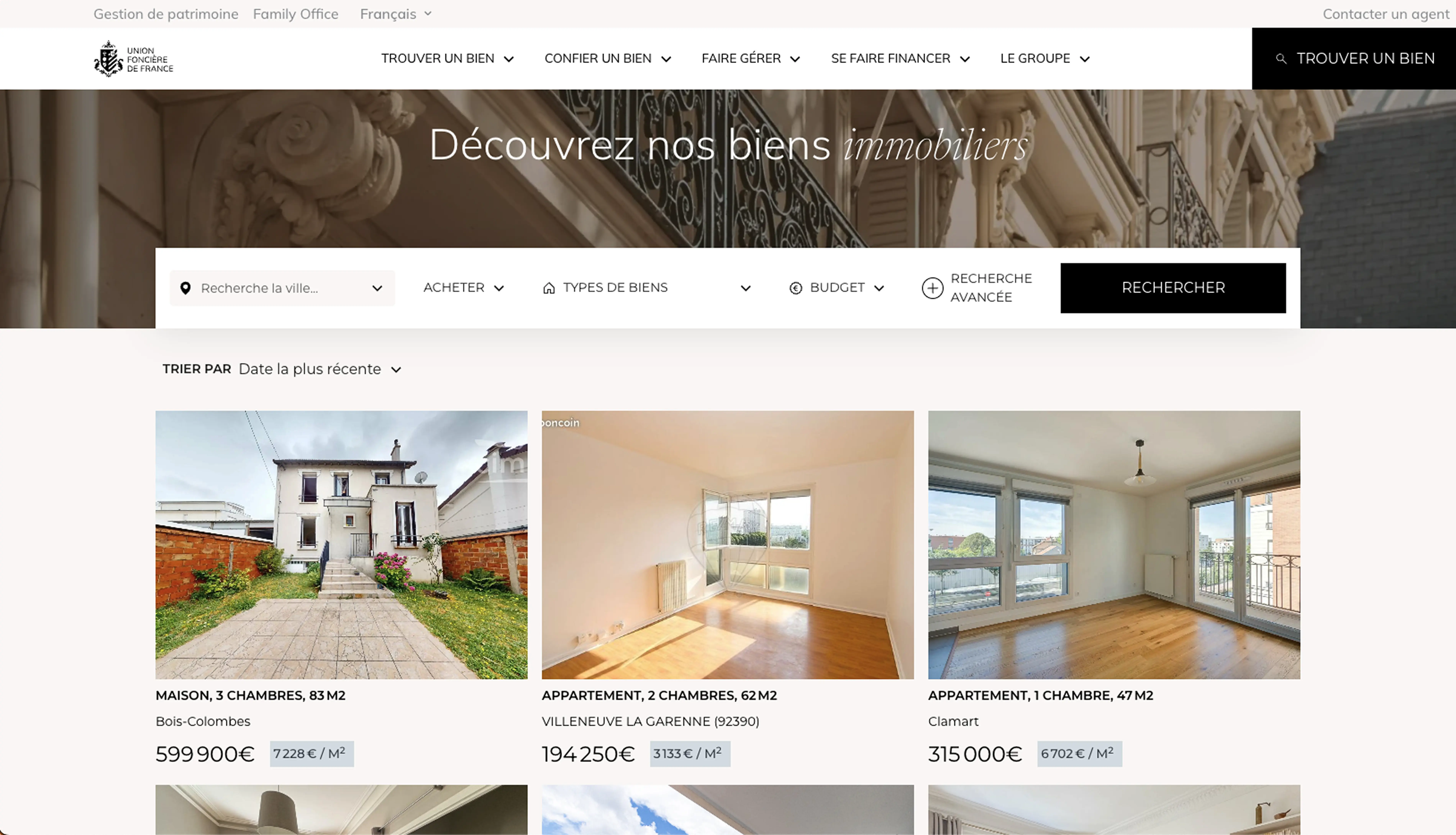  Interface du site Webflow de l’agence immobilière Union Foncière de France, mettant en avant une liste de biens et une carte interactive.