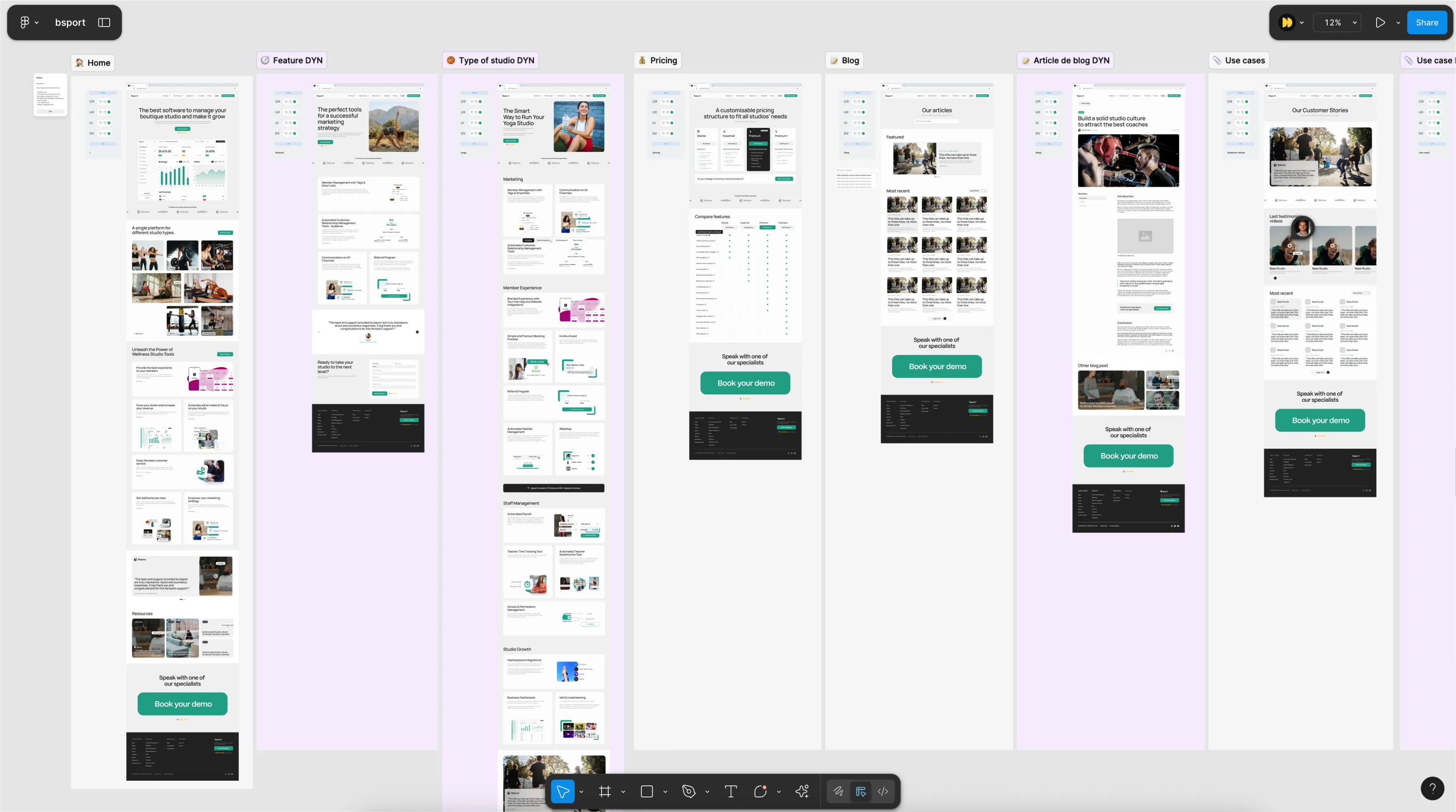 Figma file overview of bsport’s web pages, including Home, Features, Studio Types, Pricing, Blog, and Use Cases sections.
