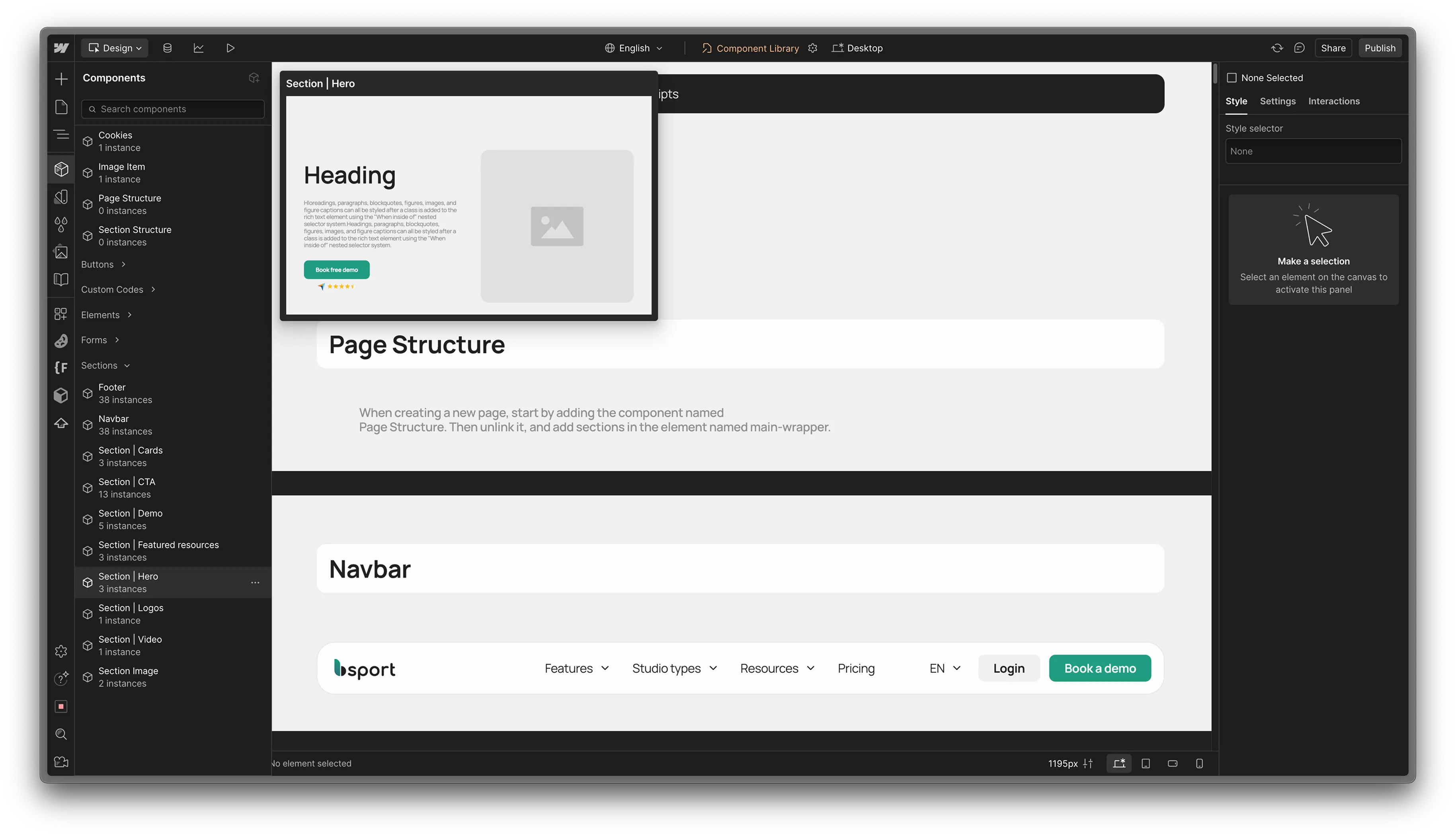 Webflow Designer interface showing bsport’s page structure and reusable components, with sections like Navbar, Footer, and Hero.