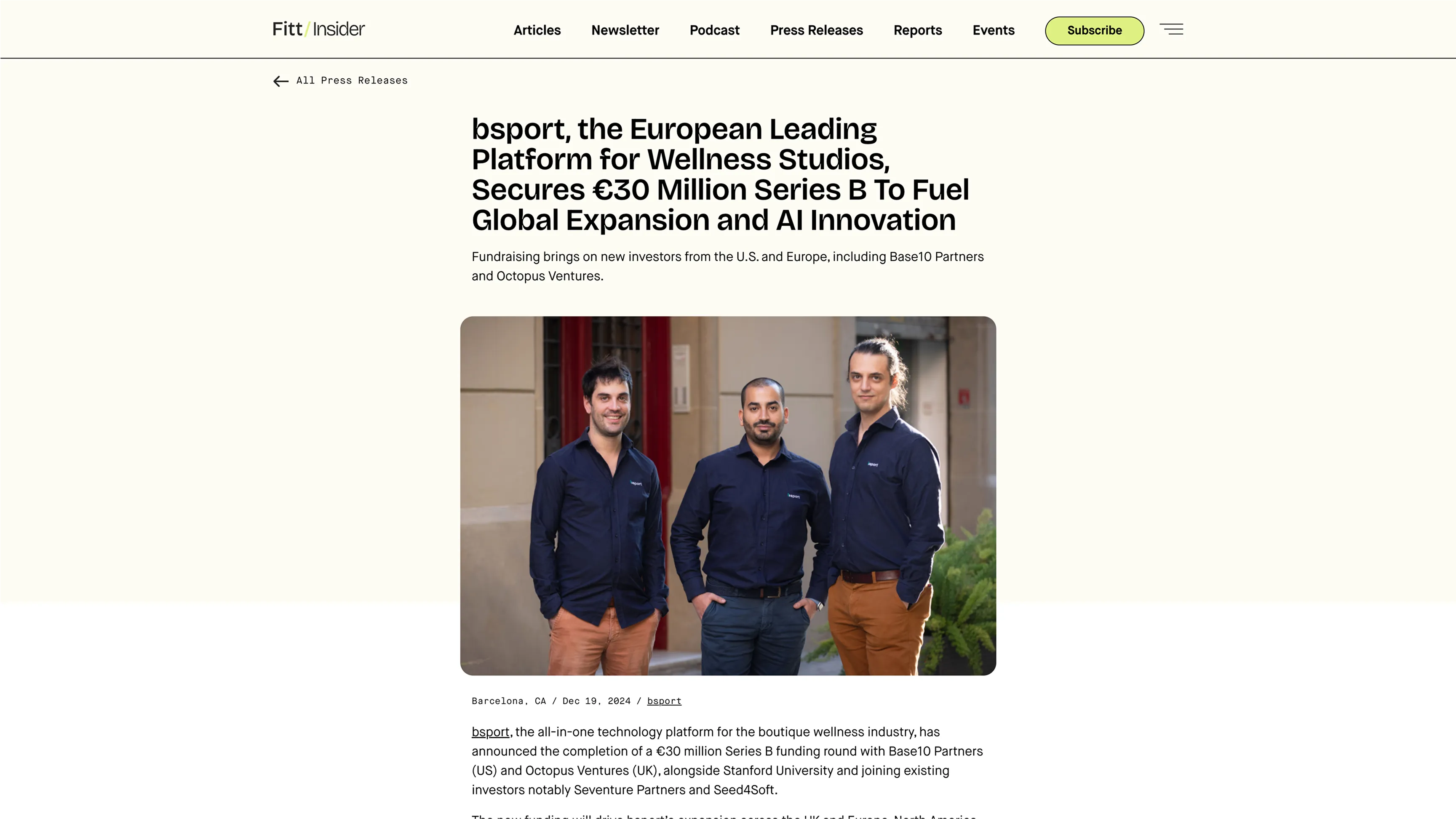 Fitt Insider article announcing bsport’s €30 million Series B funding round, featuring a photo of the three co-founders in navy blue shirts.