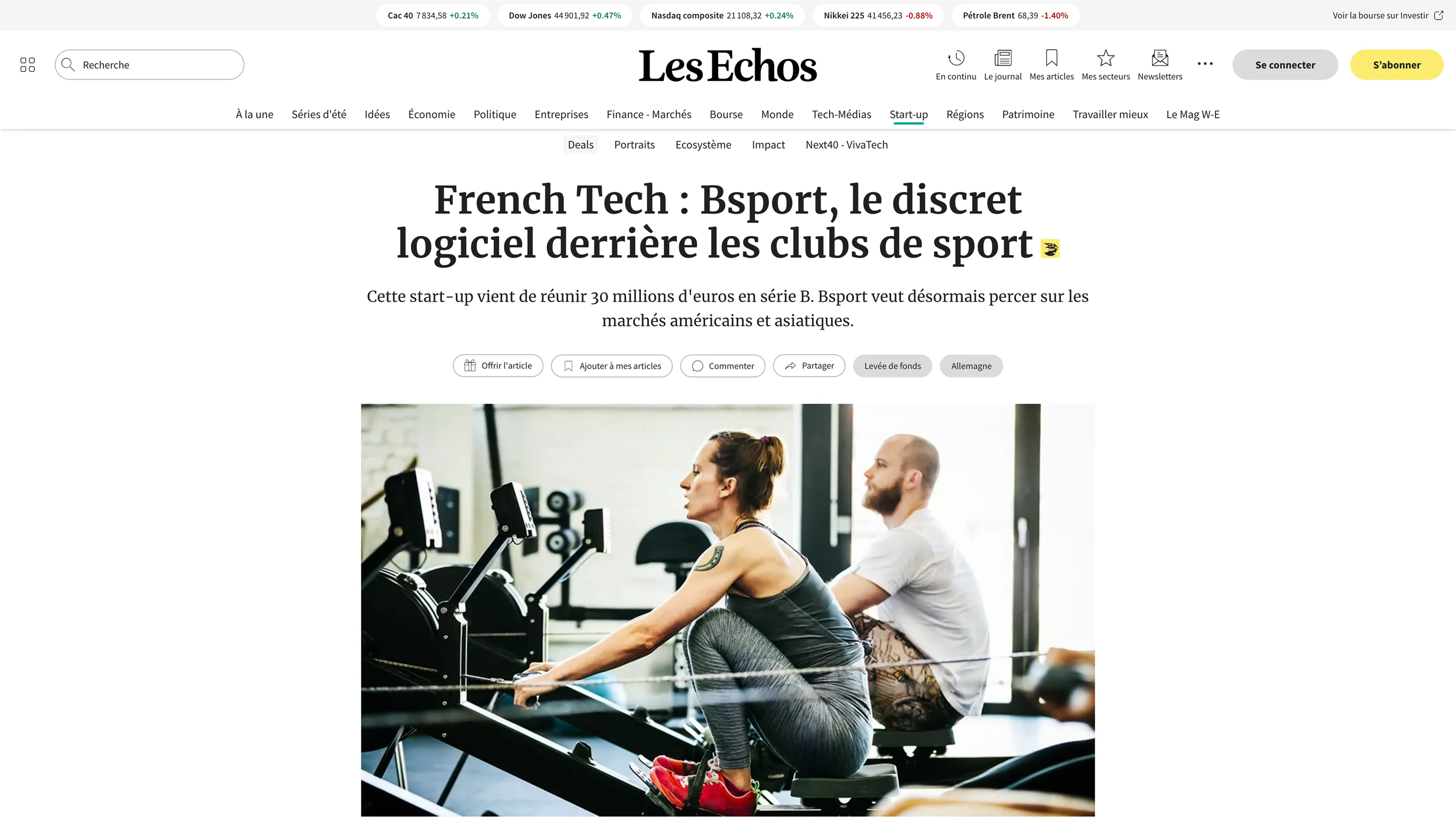 Titre de l’article des Echos sur la levée de fonds de 30 millions d’euros par bsport, qualifié de logiciel discret derrière les clubs de sport.