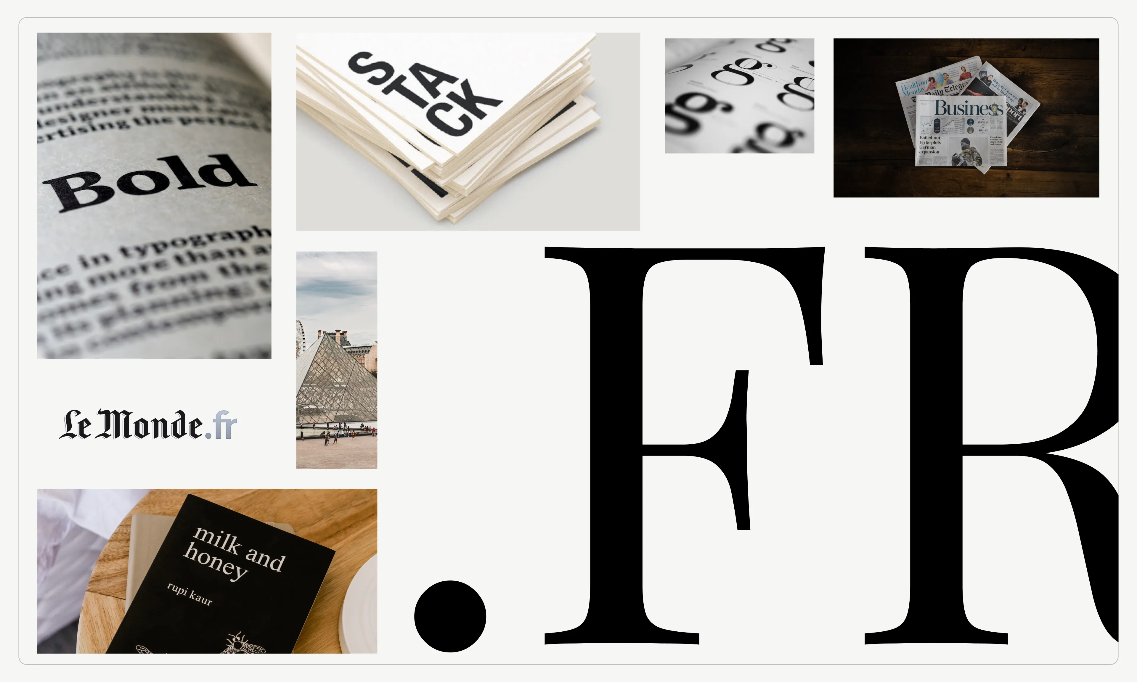 Typography moodboard highlighting French aesthetics with references like Le Monde, the Louvre, and elegant serif fonts.