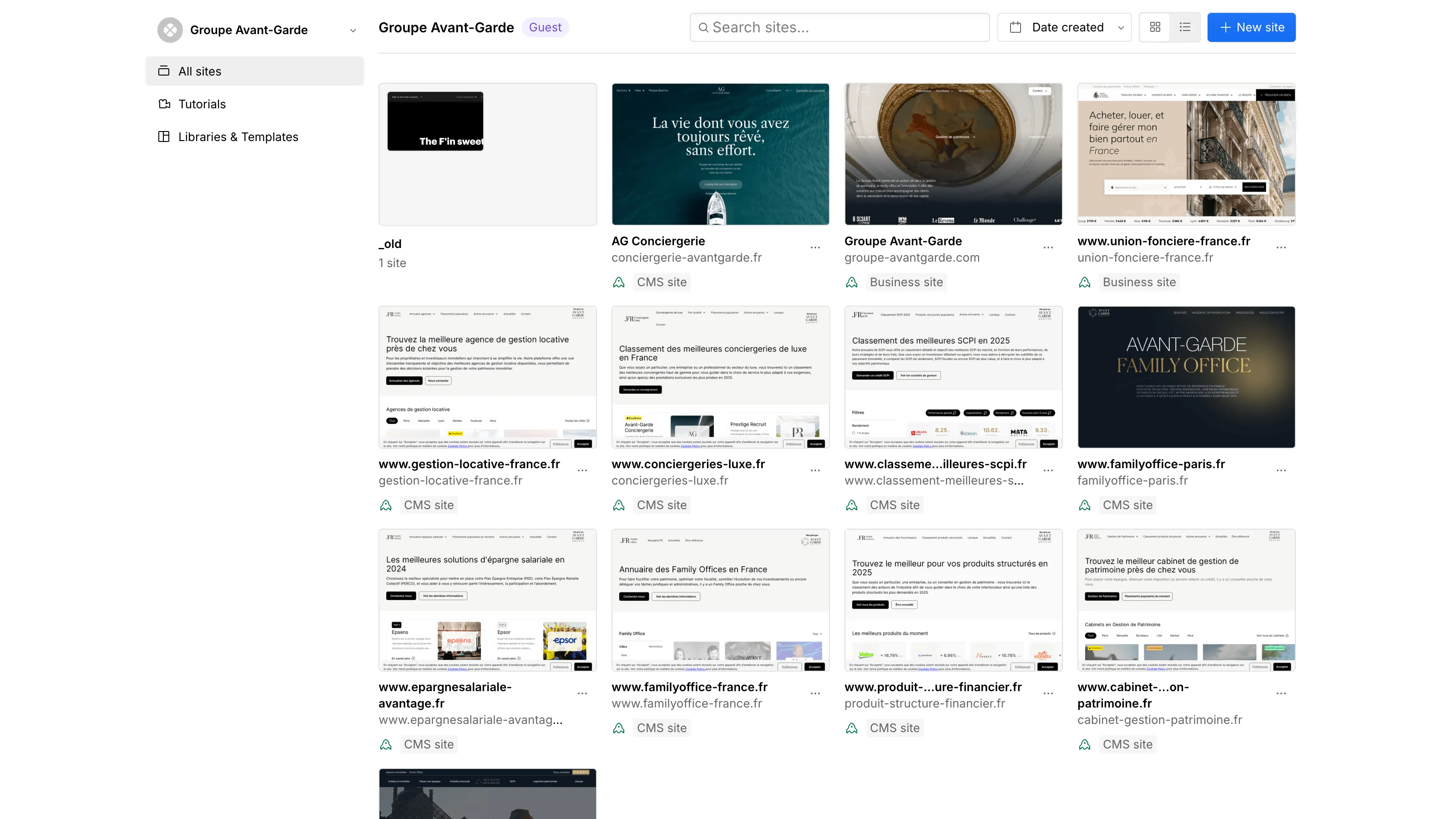 Webflow dashboard view of the Avant-Garde Group, displaying multiple active web projects (concierge, real estate, family office…).