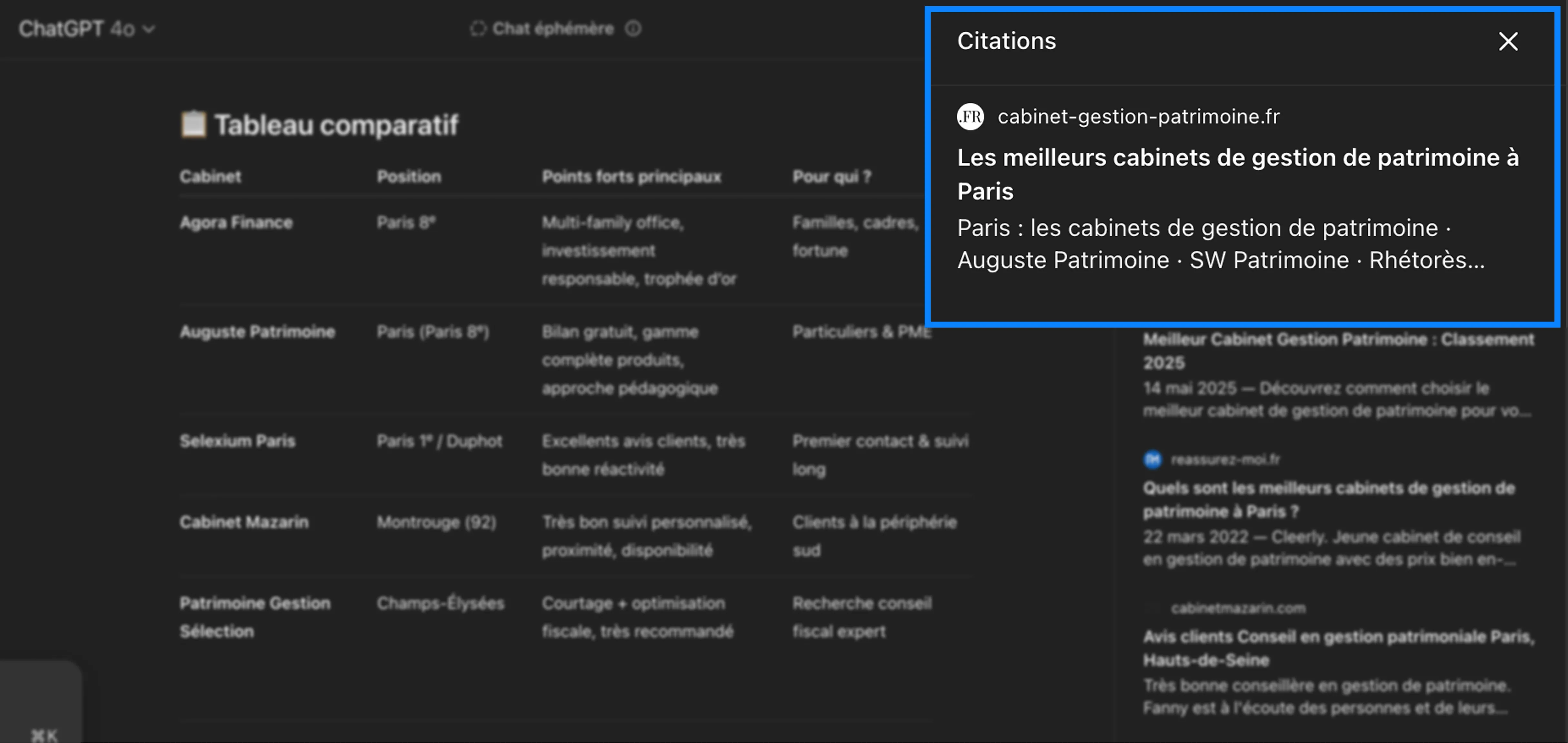 Overview of a comparison table of wealth management firms in Paris, displayed within a ChatGPT-style interface.