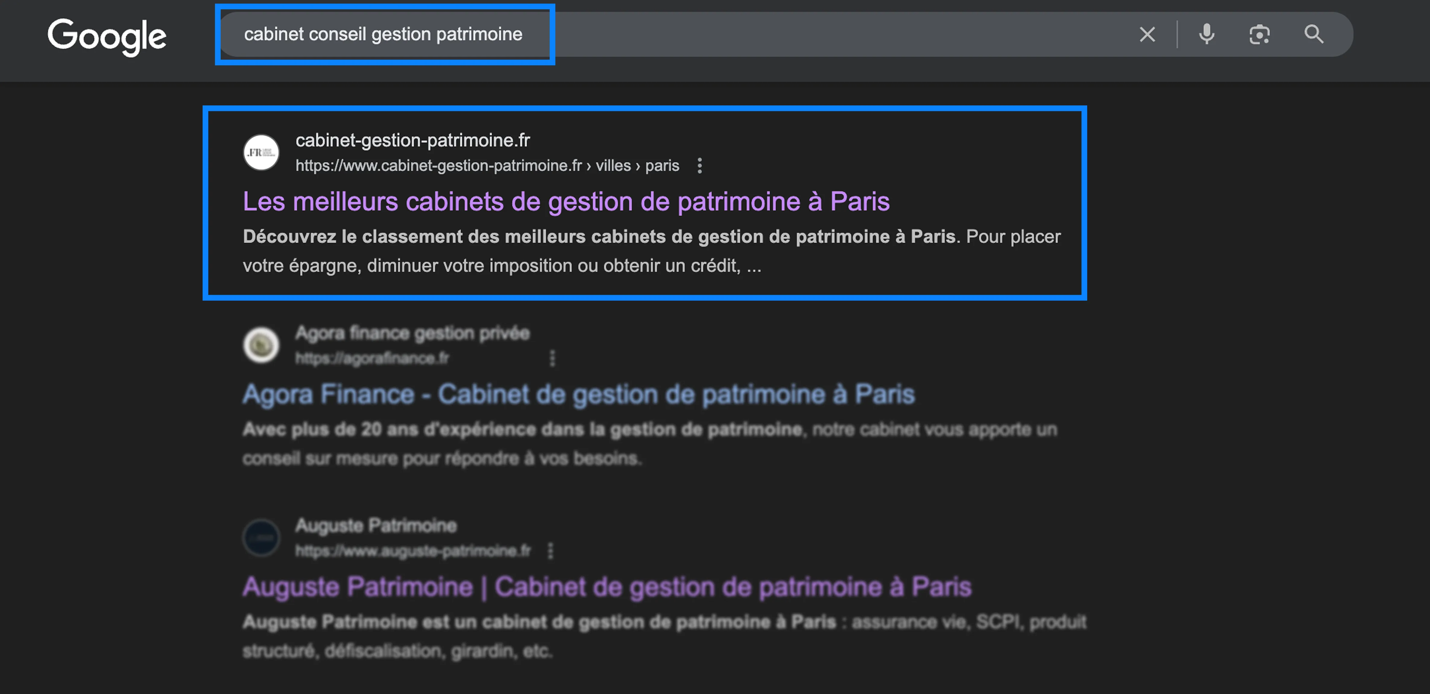 Google search results for the query “cabinet conseil gestion patrimoine,” highlighting cabinet-gestion-patrimoine.fr in the top position.