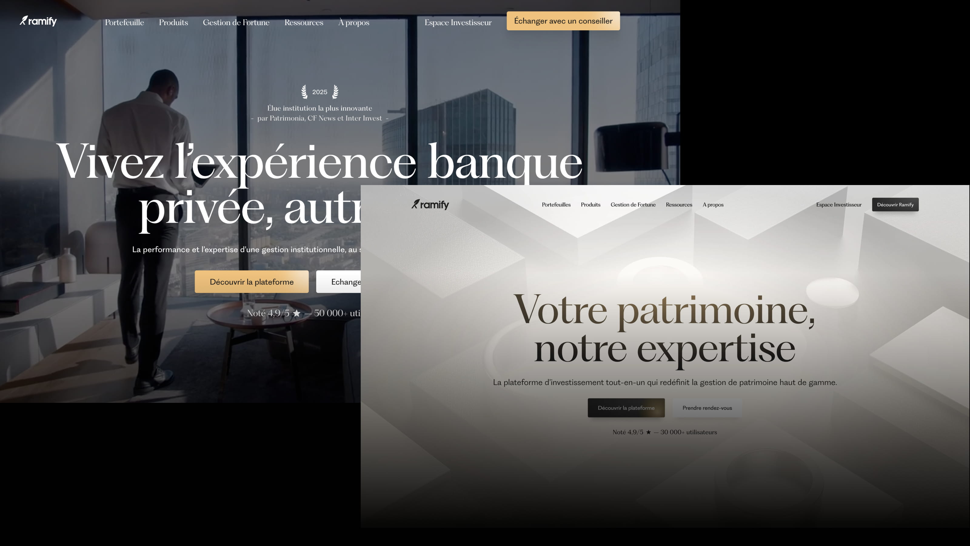 Screenshot showing two versions of Ramify’s homepage. The background version features a man standing in an office with the text “Vivez l’expérience banque privée, autrement”. The foreground version displays a cleaner layout with the message “Votre patrimoine, notre expertise”.