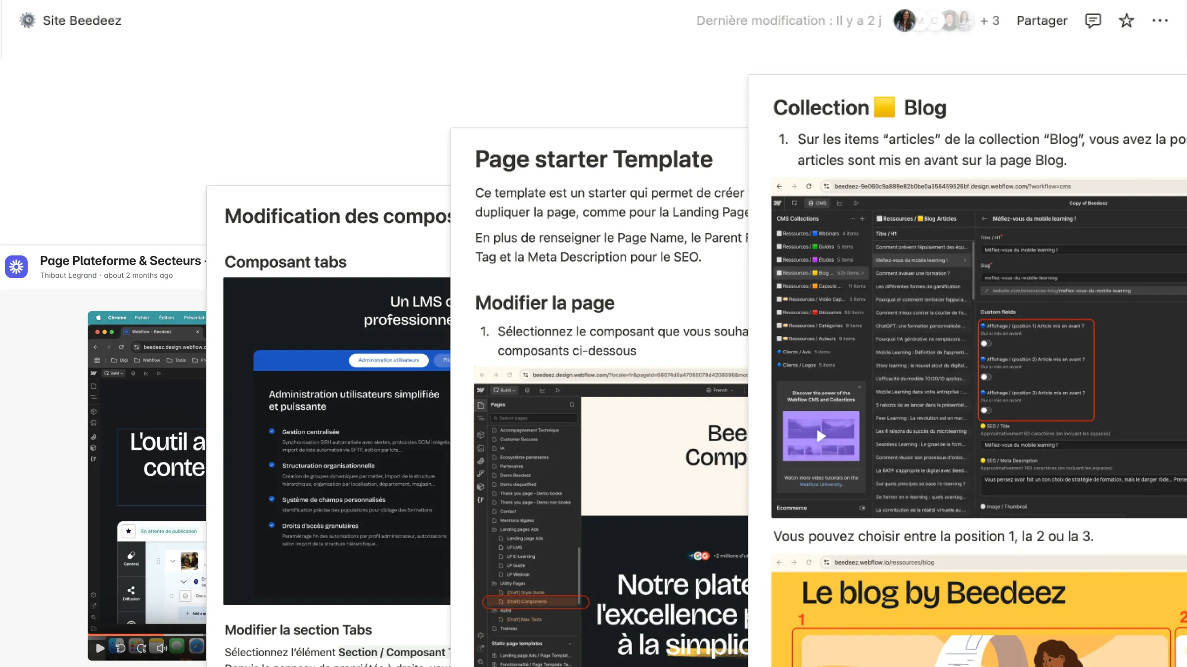 Capture d’écran du hub de documentation interne du site Beedeez sur Notion, présentant des instructions pour la modification de composants Webflow (tabs, template de page, collection blog), avec des captures d’écran de l’interface Webflow et des annotations visuelles.