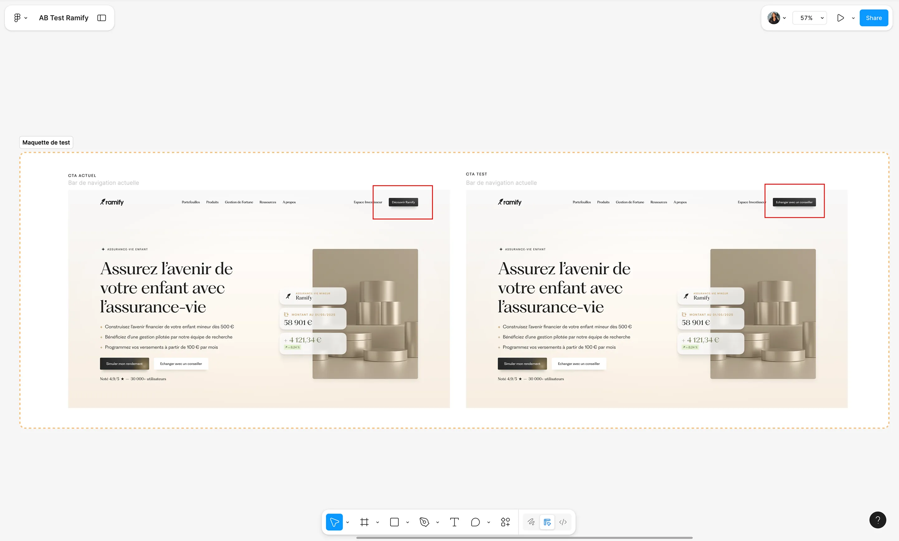 Figma mockup showing two CTA variants in Ramify’s navbar: “Discover Ramify” vs “Talk to an advisor”.