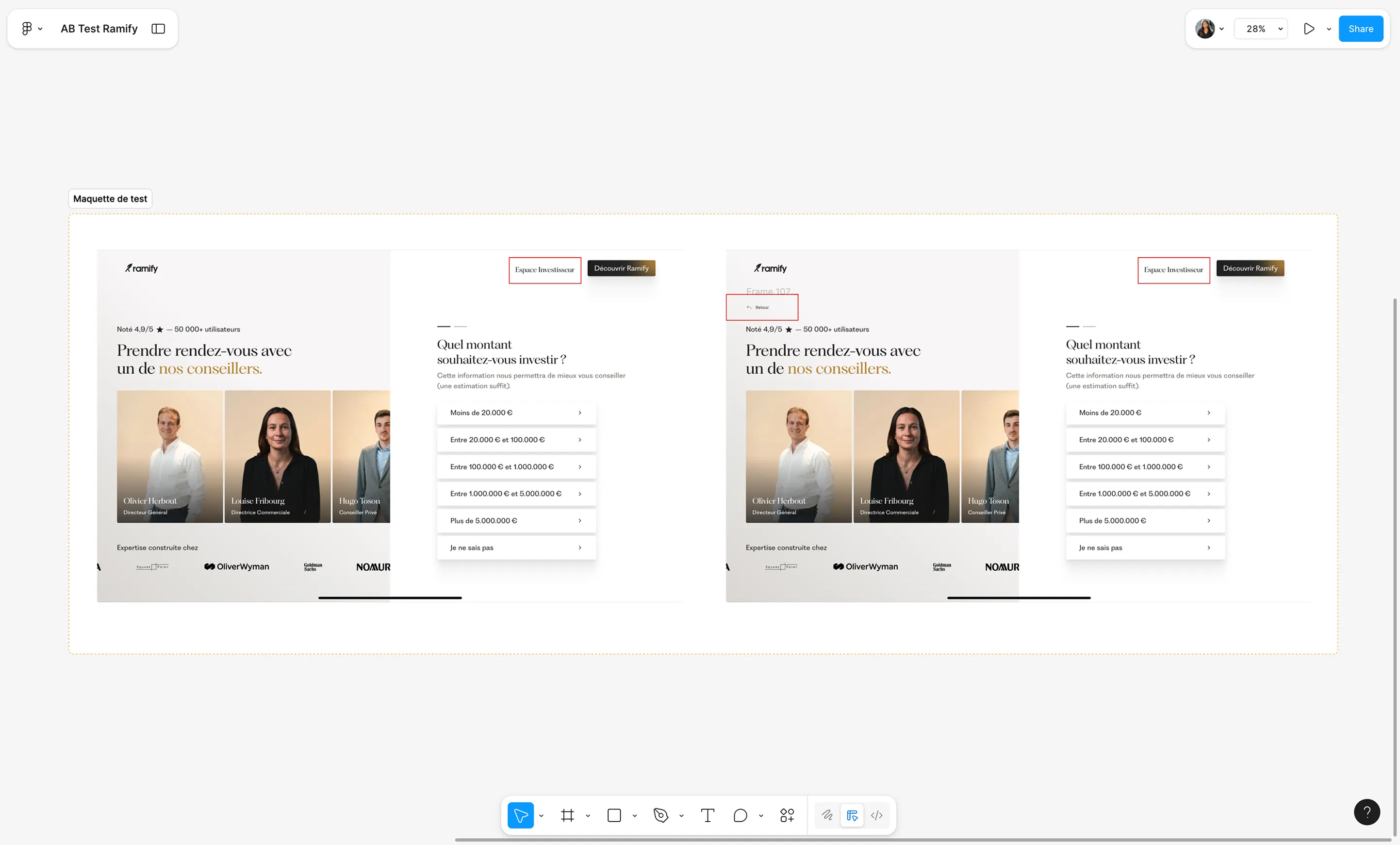 Visual A/B test for Ramify’s appointment booking page, featuring variations on “Investor Space” and “Discover Ramify” CTAs.