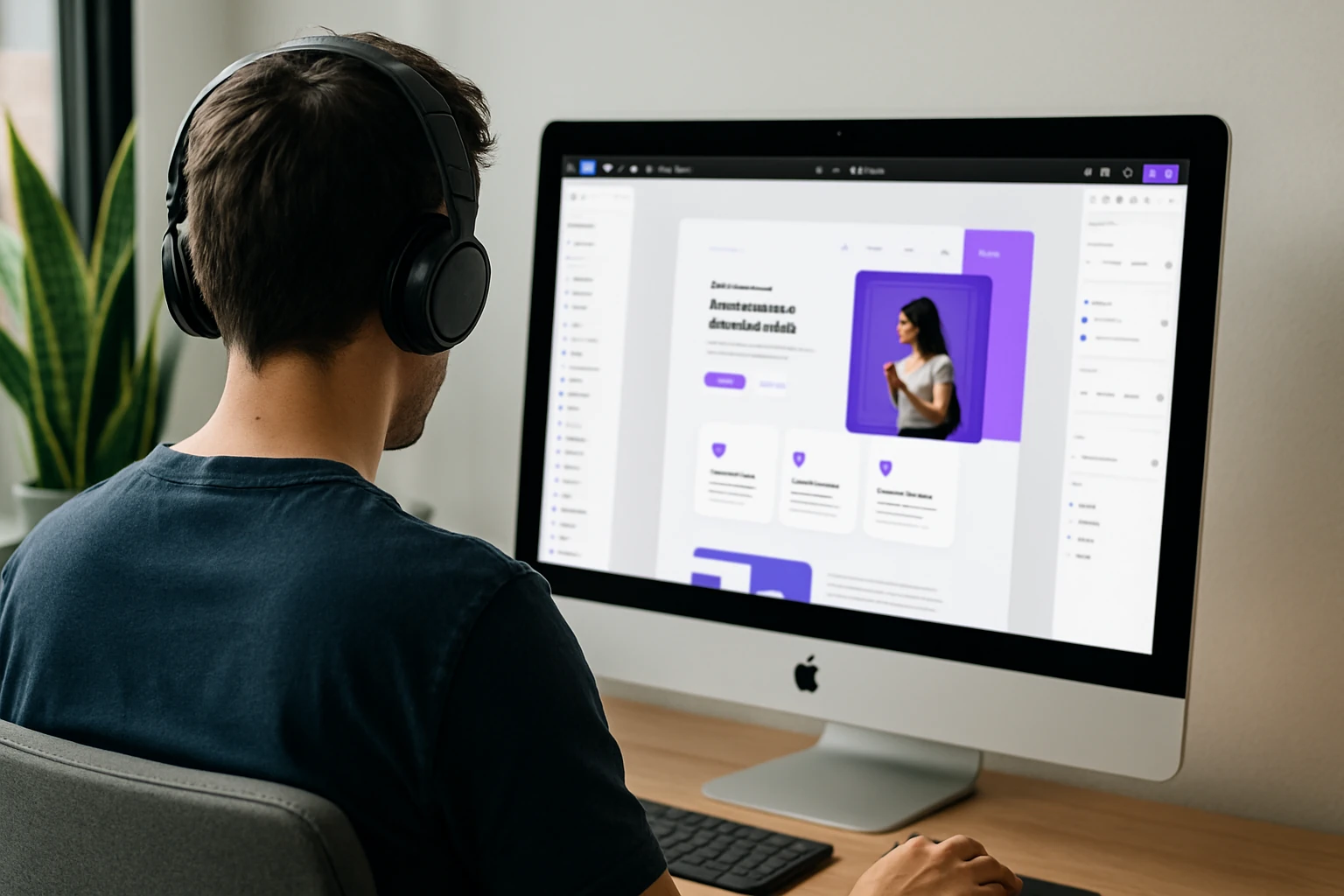 AI-generated photo of a designer sitting at their desk using Figma on their Mac screen.