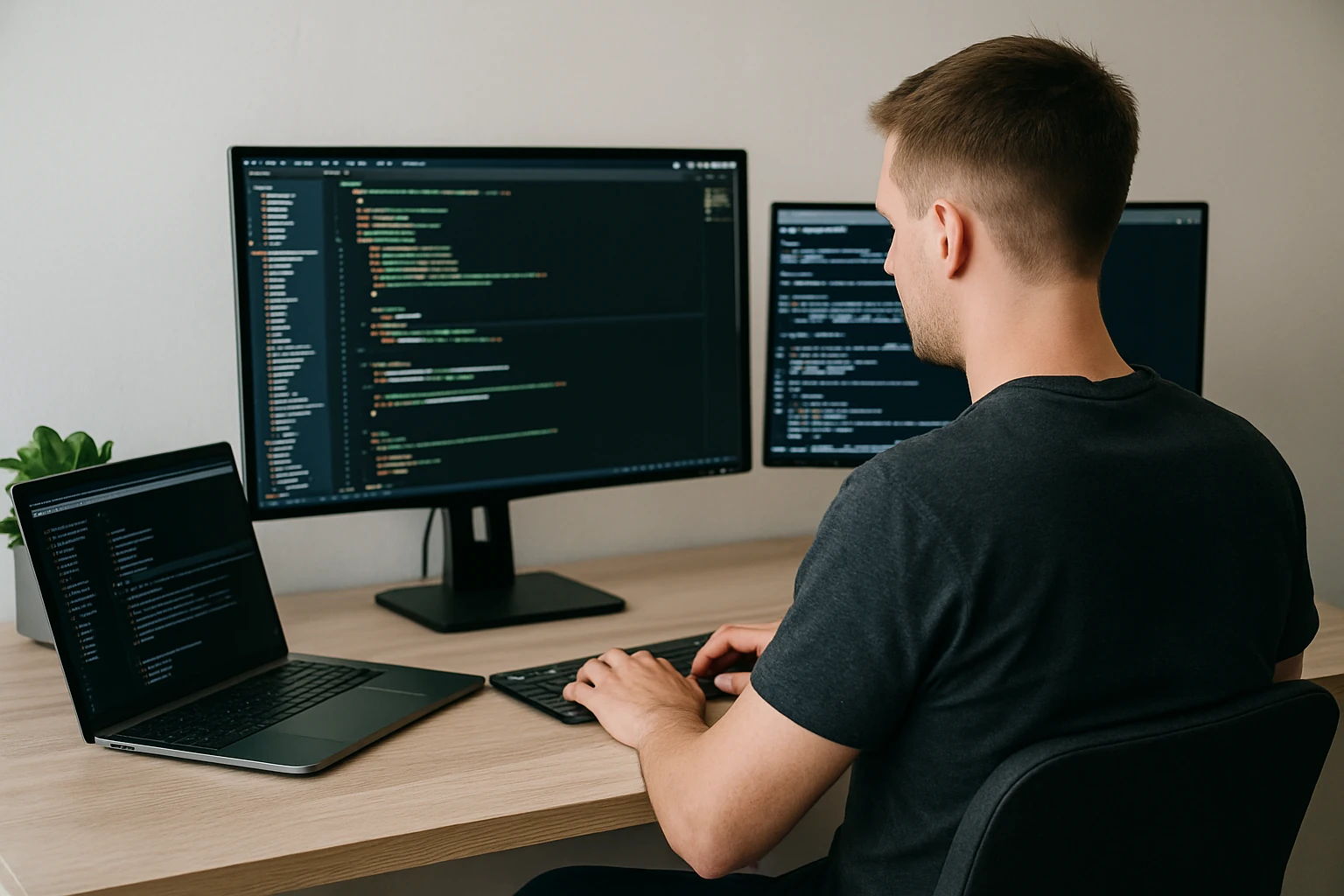 AI-generated photo of a developer seen from behind, sitting at his desk, coding