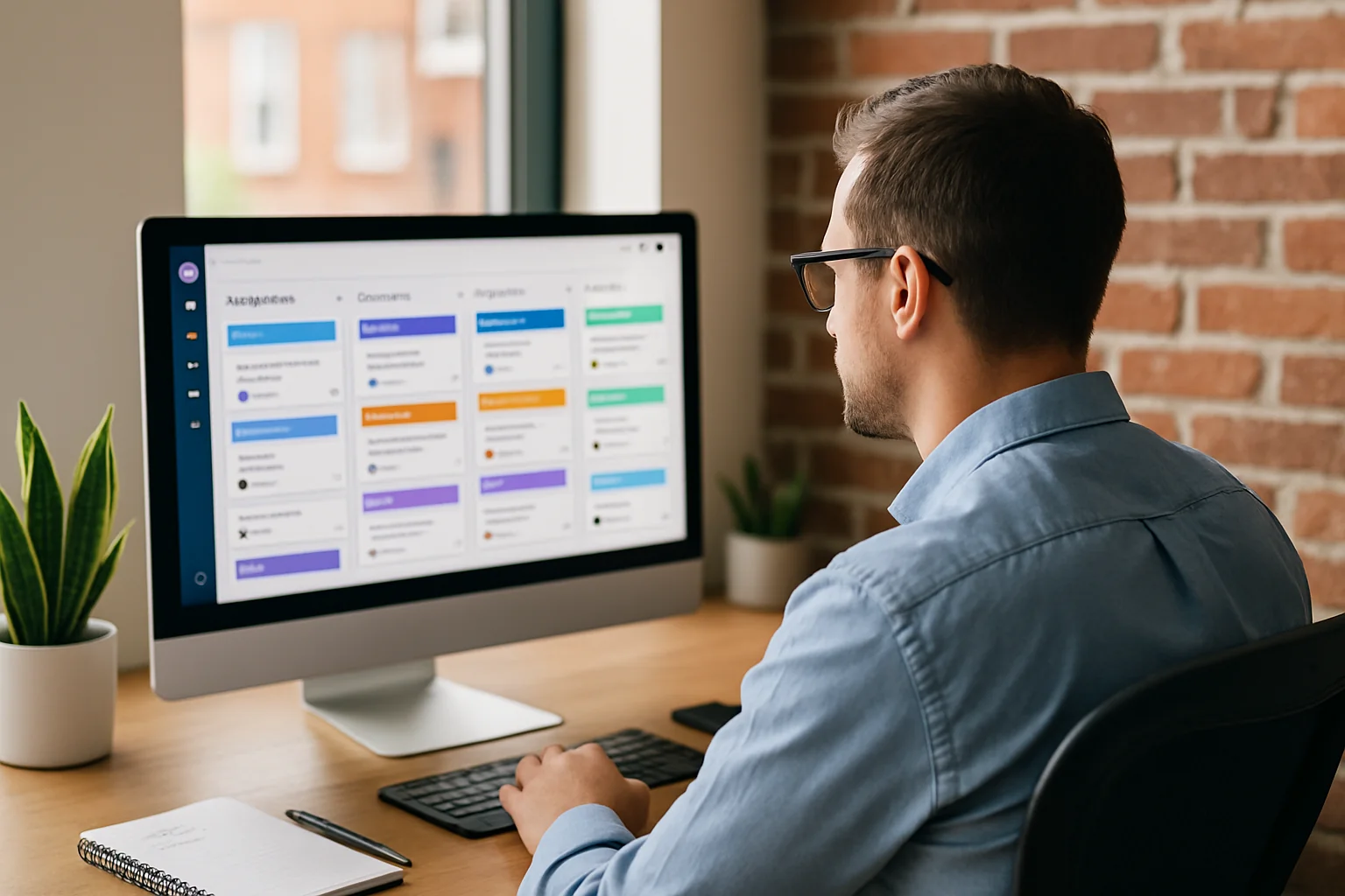 AI-generated photo of a product owner seen from behind, sitting at his desk looking at his computer.