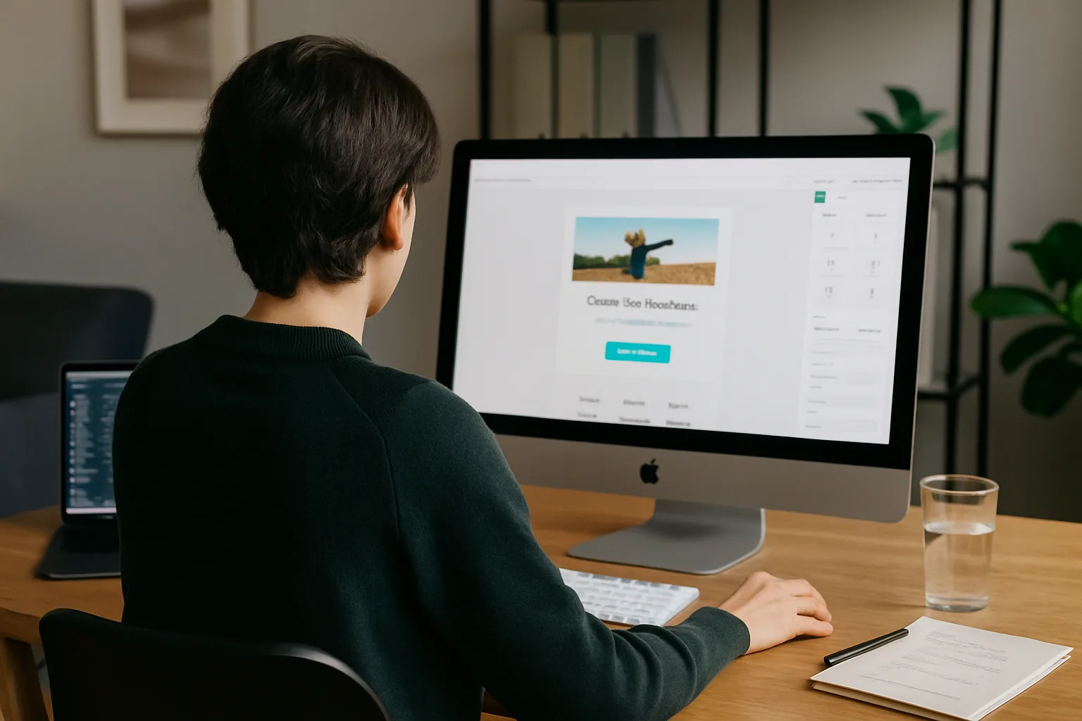 AI-generated photo of a marketing manager sitting at her desk in front of her screen