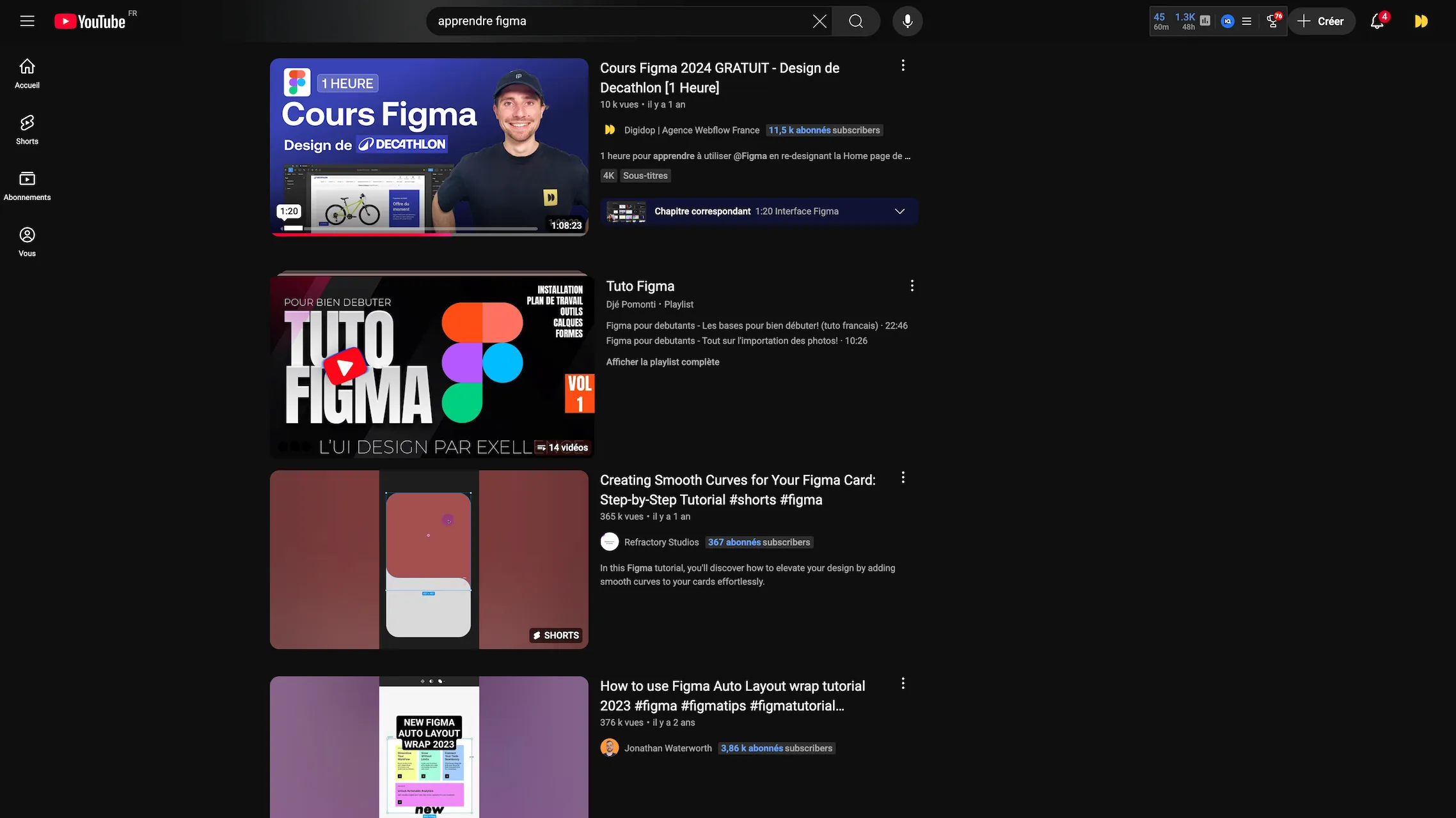 Screenshot from YouTube with the search query “Learn Figma” and several videos, including one from Digidop.