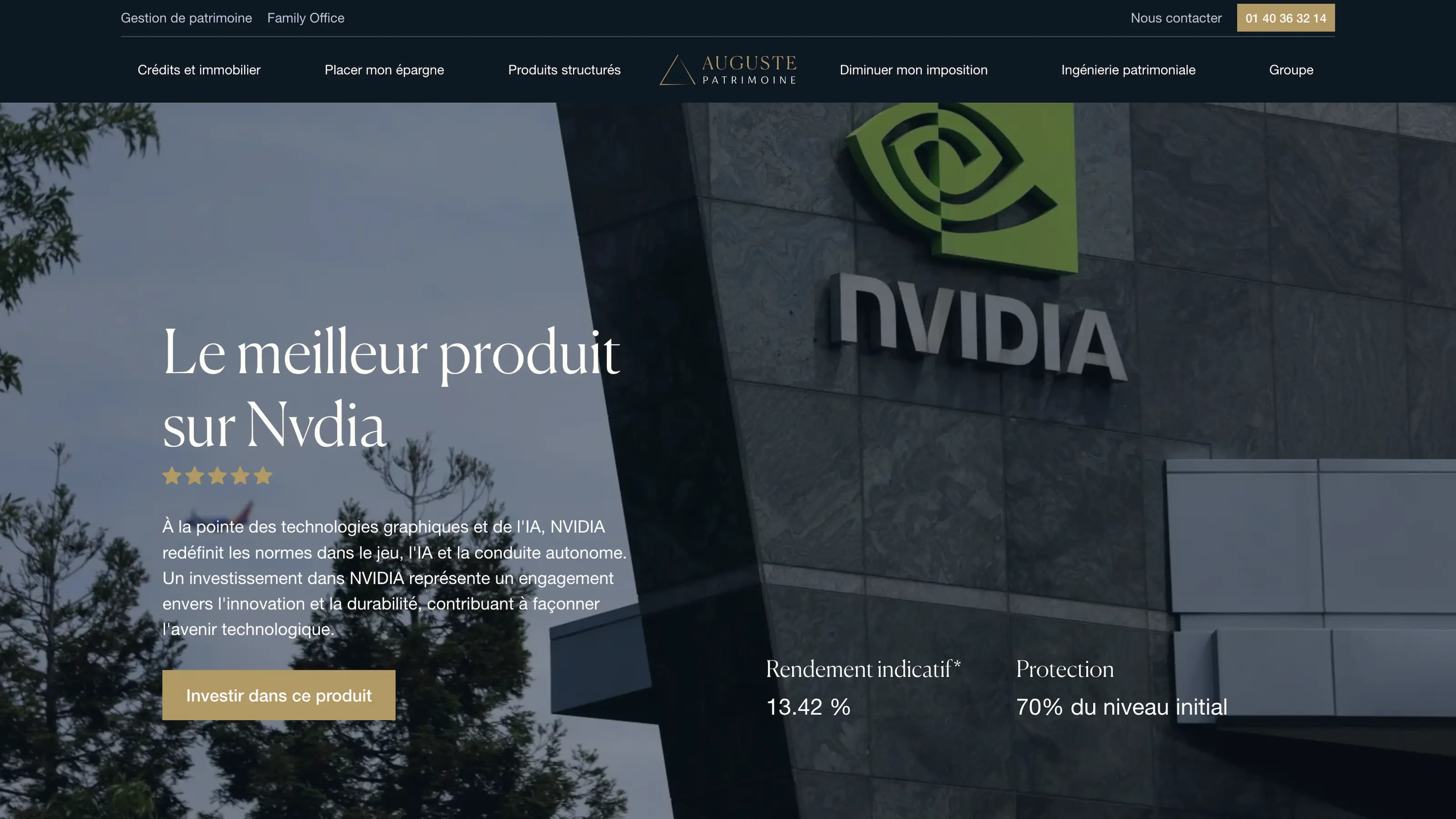 Auguste Patrimoine product page dedicated to Nvidia, featuring headquarters photo, investment description, and indicative yield.